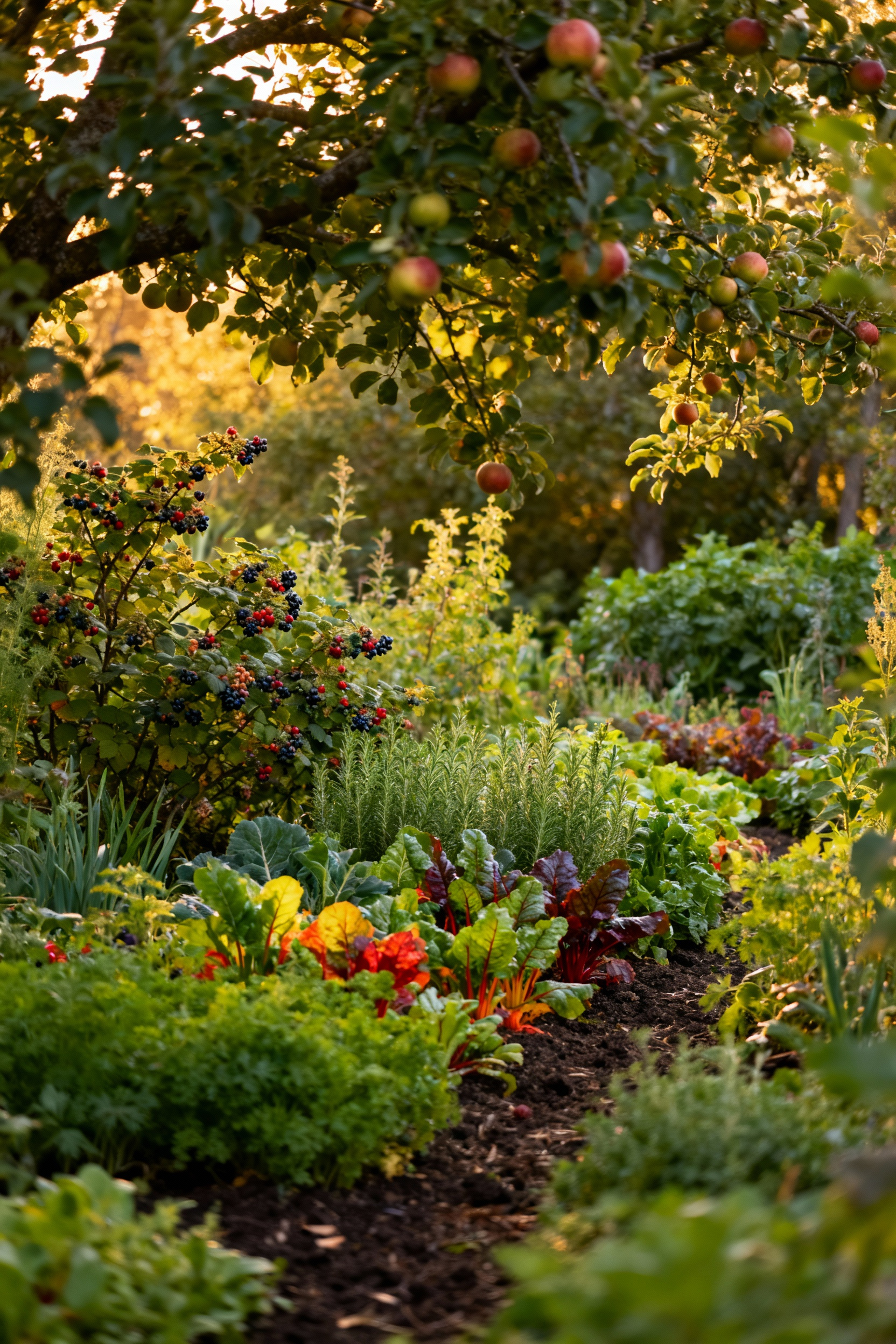 A lush, multi-layered polycultural forest garden brimming with diverse edible plants like fruit trees, berry bushes, herbs, and vegetables. The scene, captured under soft golden hour light, displays rich biodiversity and healthy soil in a vibrant ecosystem.