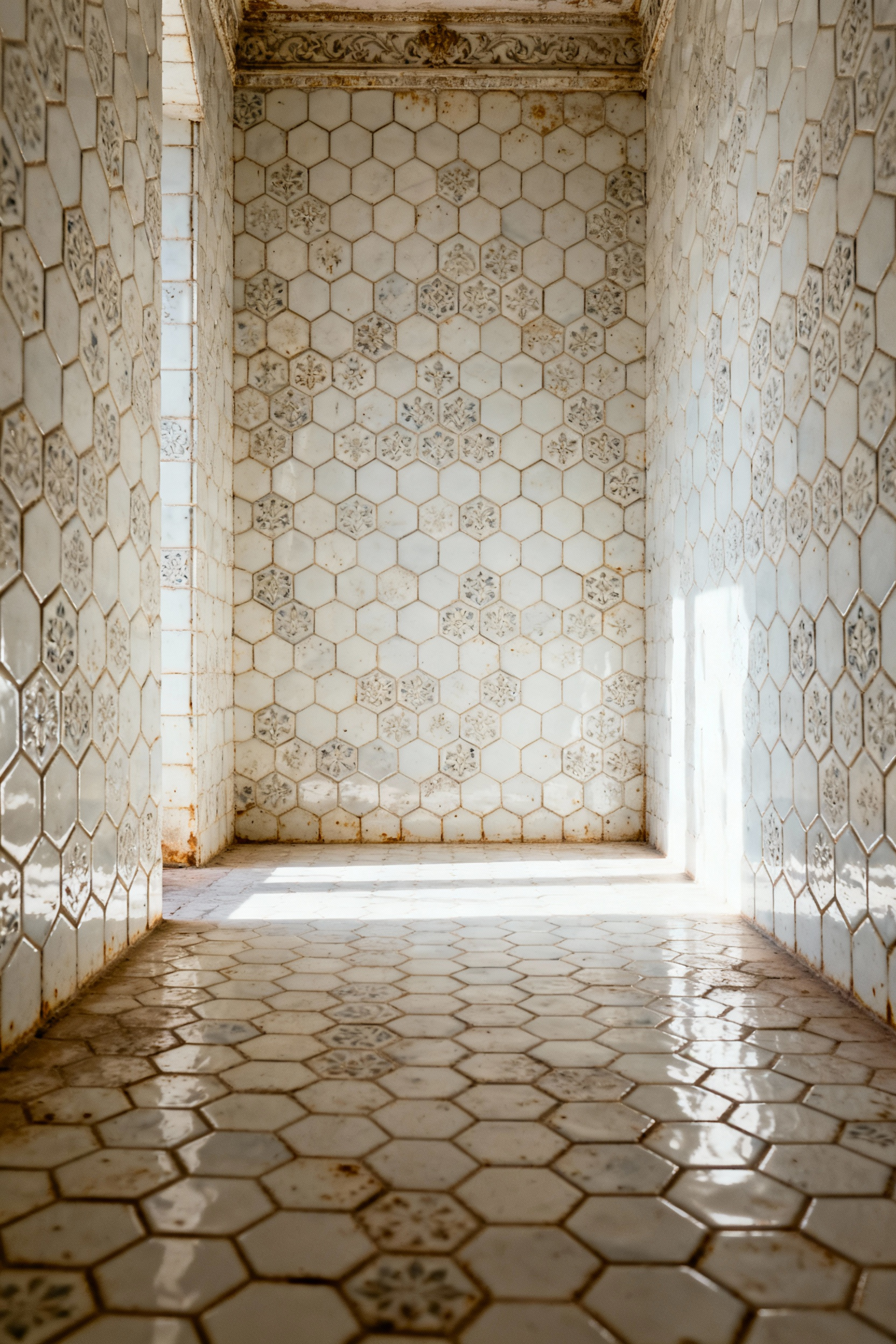 Close-up of a meticulously restored vintage bathroom featuring intricate white porcelain hexagonal floor tiles and coordinating wall tiles. The light highlights the subtle variations and craftsmanship of the heritage tilework, creating a textured and elegant look. No people are present.