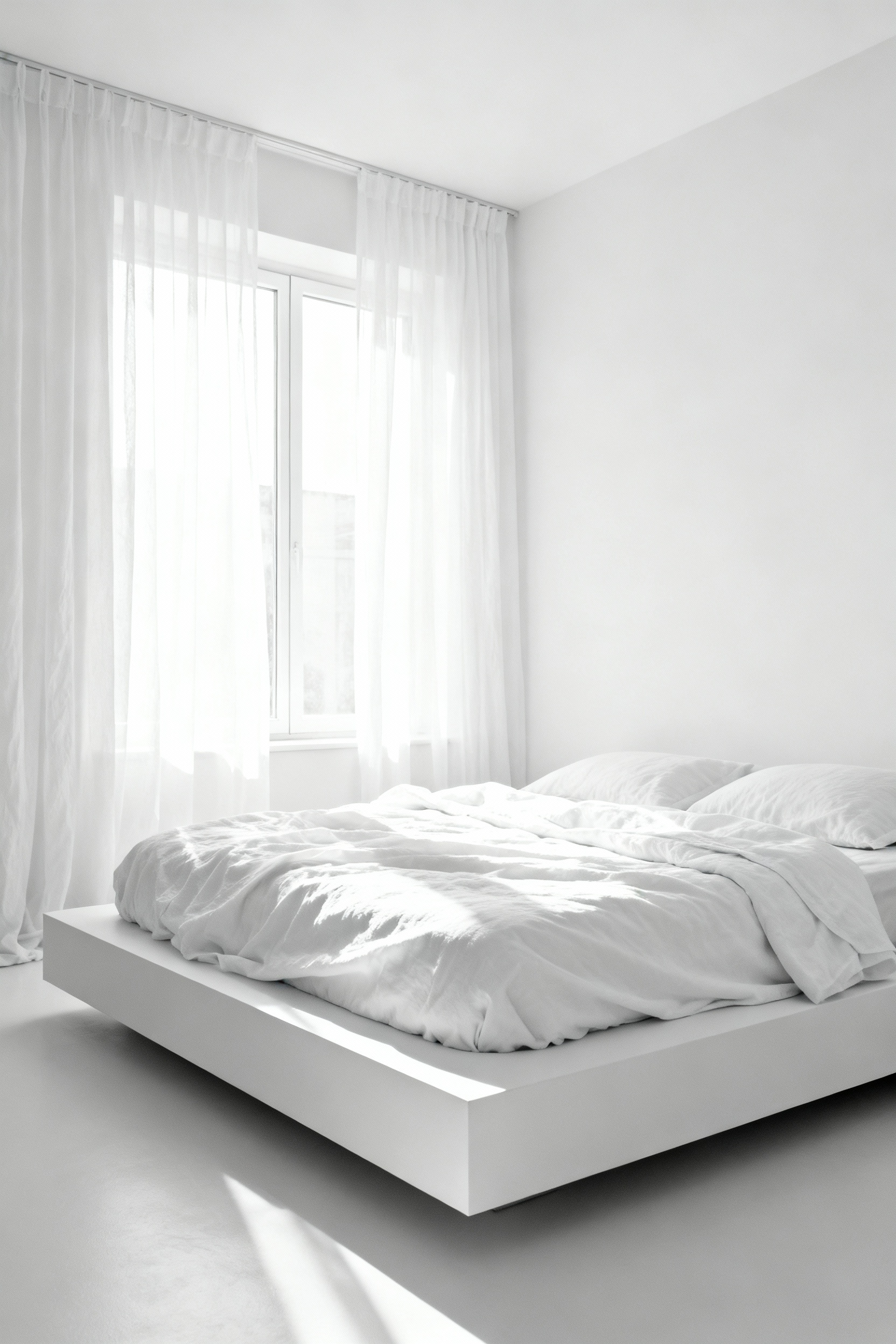 A high-key photograph of a tranquil, minimalist master bedroom featuring brilliant white walls, layered white linen textiles, and soft natural light streaming through sheer curtains.