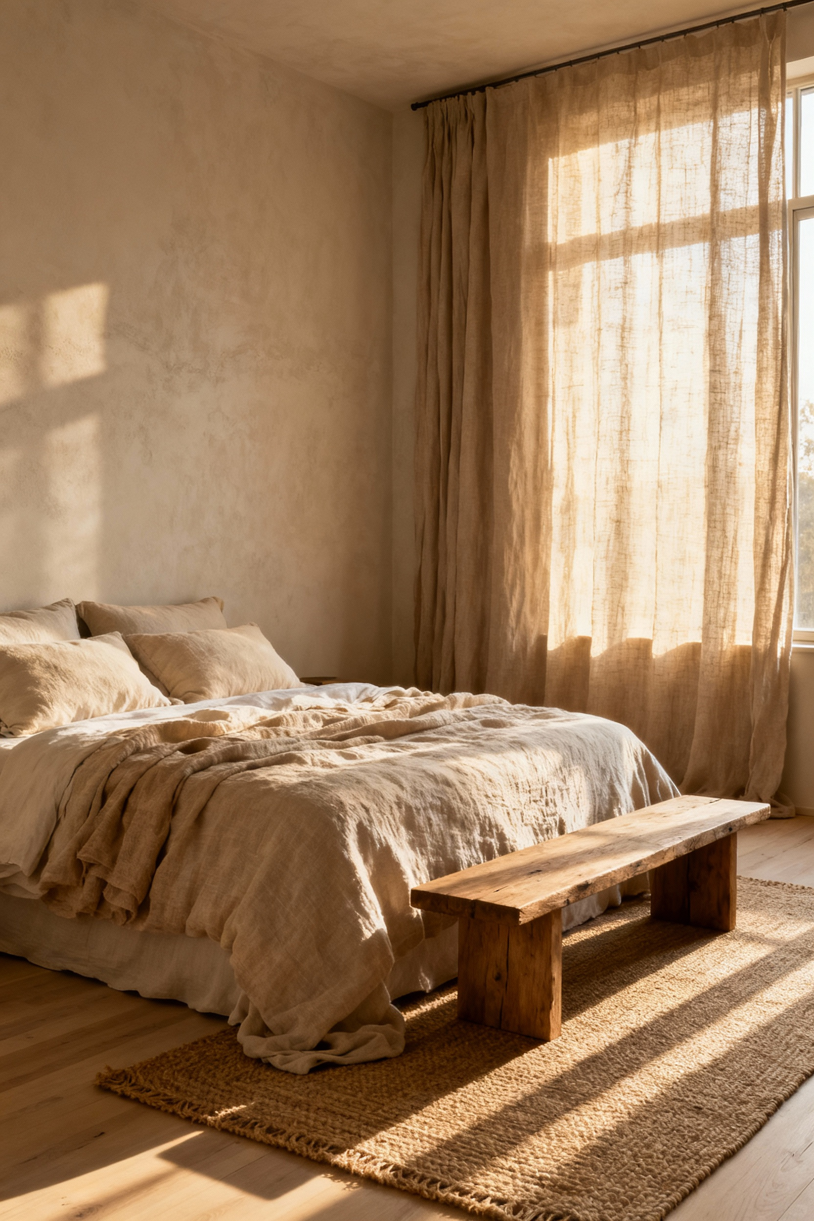 A serene bedroom showcasing a beige and cream aesthetic, featuring layered linen bedding, limewash walls, and soft, diffused natural lighting that promotes stability and grounding.