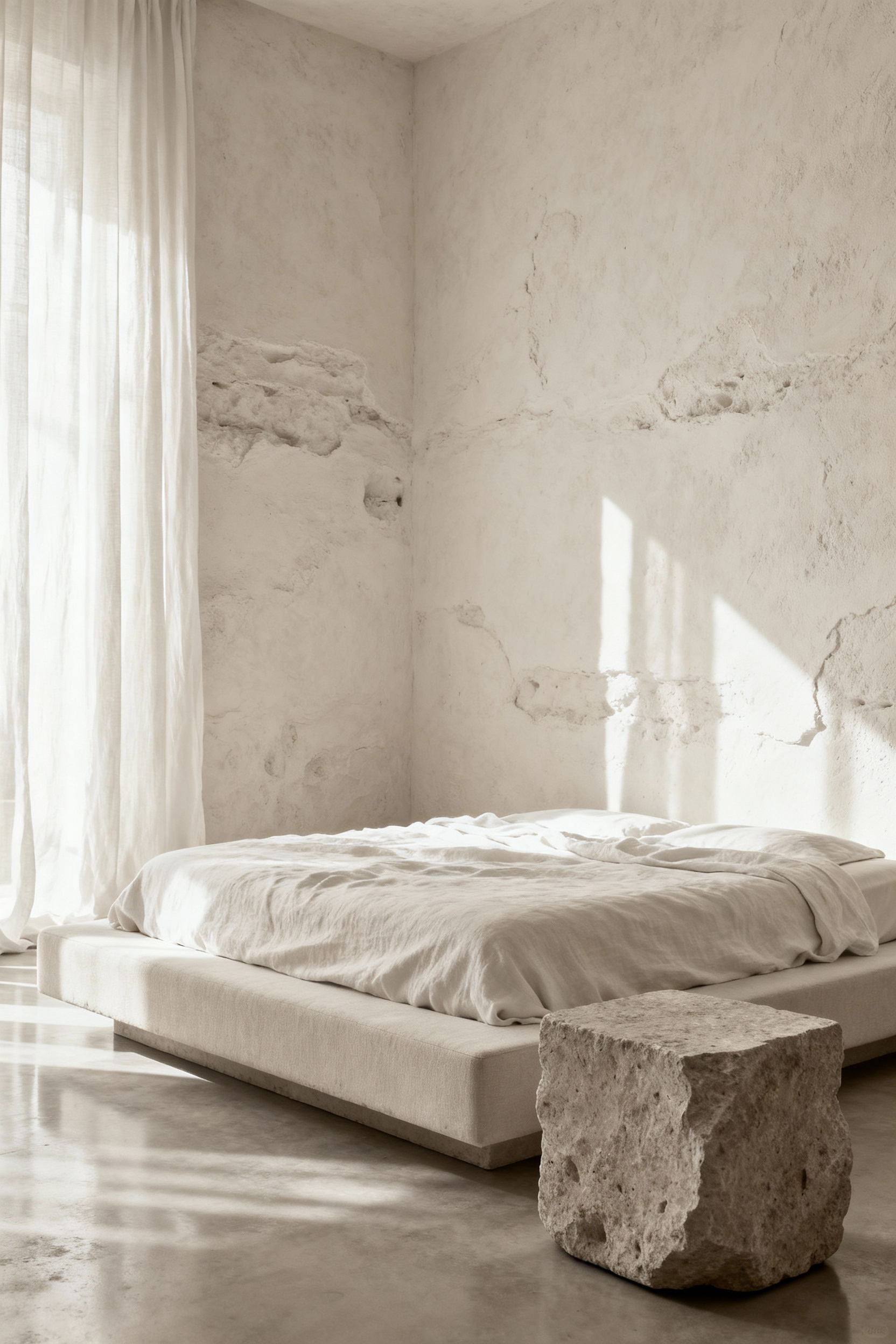 Minimalist white bedroom featuring textured Roman clay walls, soft natural linen bedding, and a monolithic rough-cut limestone block side table, emphasizing material contrast.