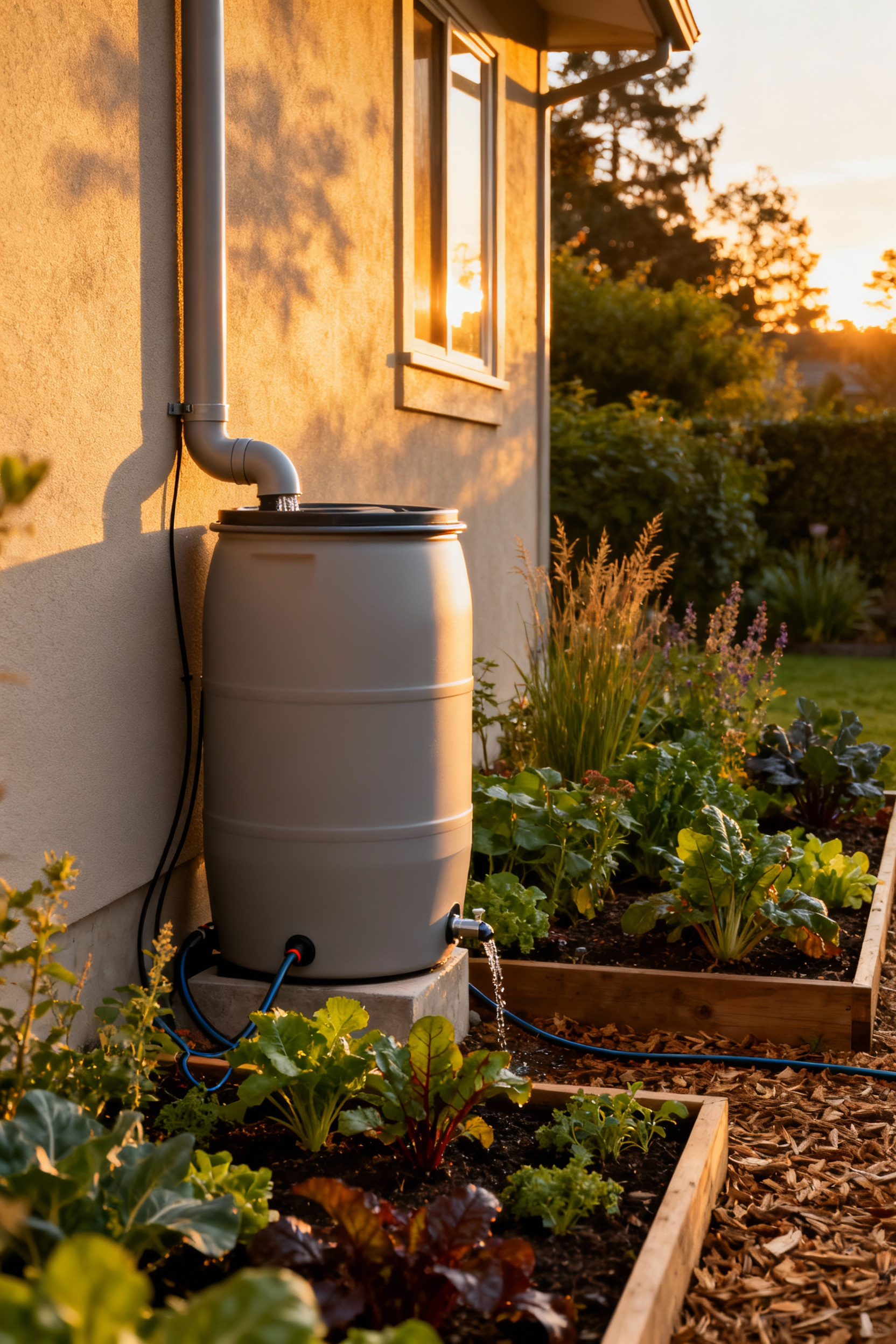 An ecological garden scene featuring a stylish rain barrel connected to a downspout and subtle drip irrigation lines watering lush plants, illustrating strategic rainwater harvesting for water conservation.