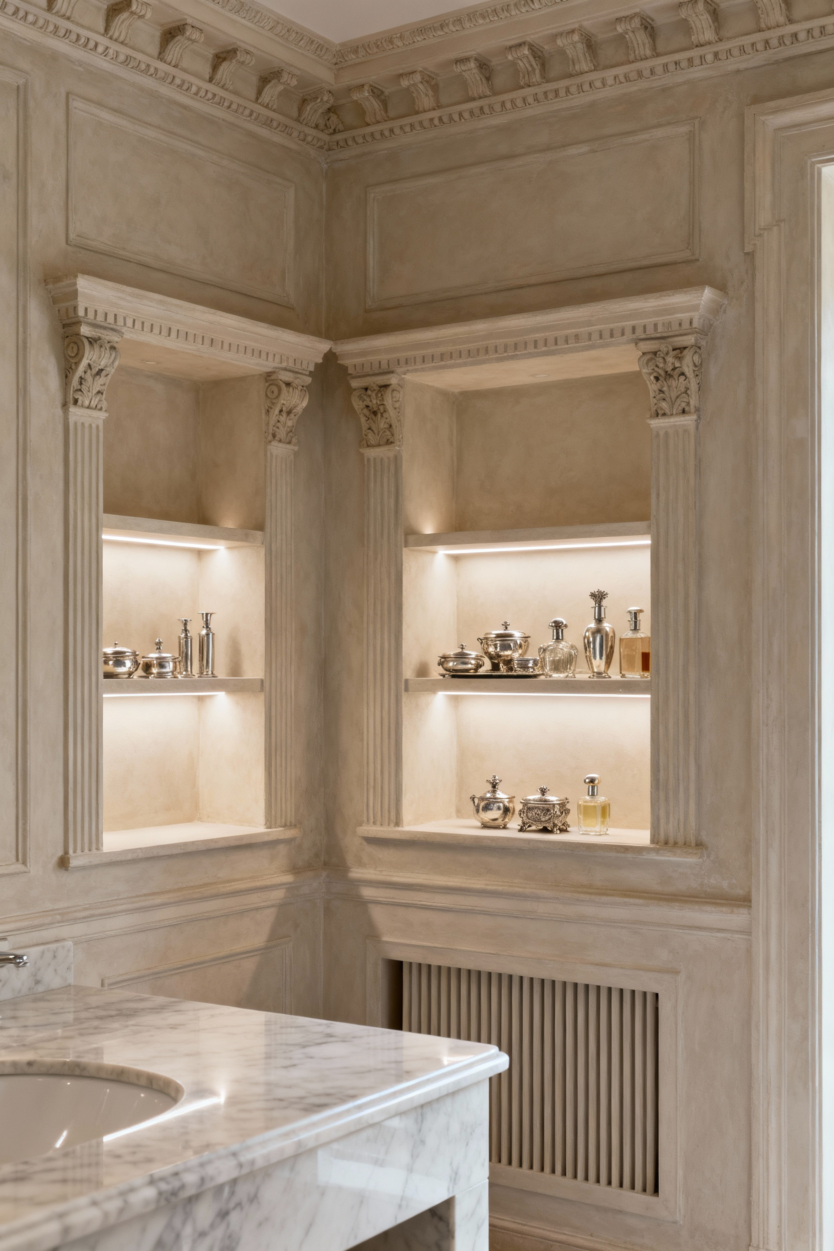 A luxurious vintage bathroom featuring ornate recessed Beaux-Arts plaster-molded nooks and bespoke millwork shelving integrated into the wall, showcasing a marble vanity and subtly lit displays of silver toiletries, embodying discreet luxury storage.
