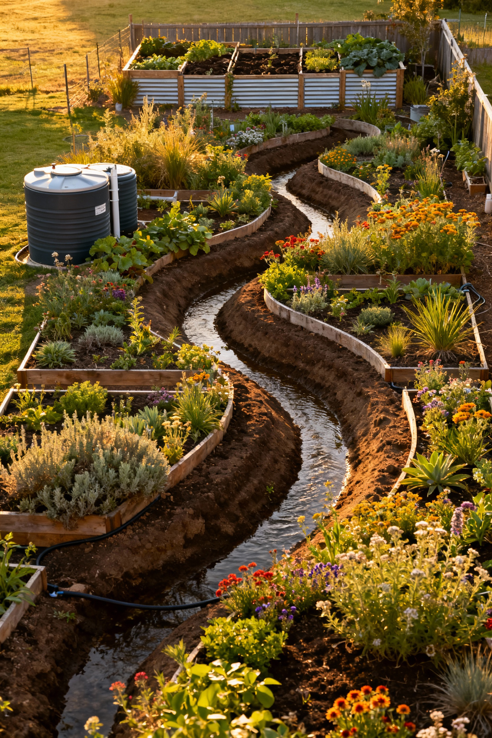 A lush regenerative garden illustrating a closed-loop system with rainwater harvesting, diverse native plant beds, and composting, photographed from an elevated perspective.