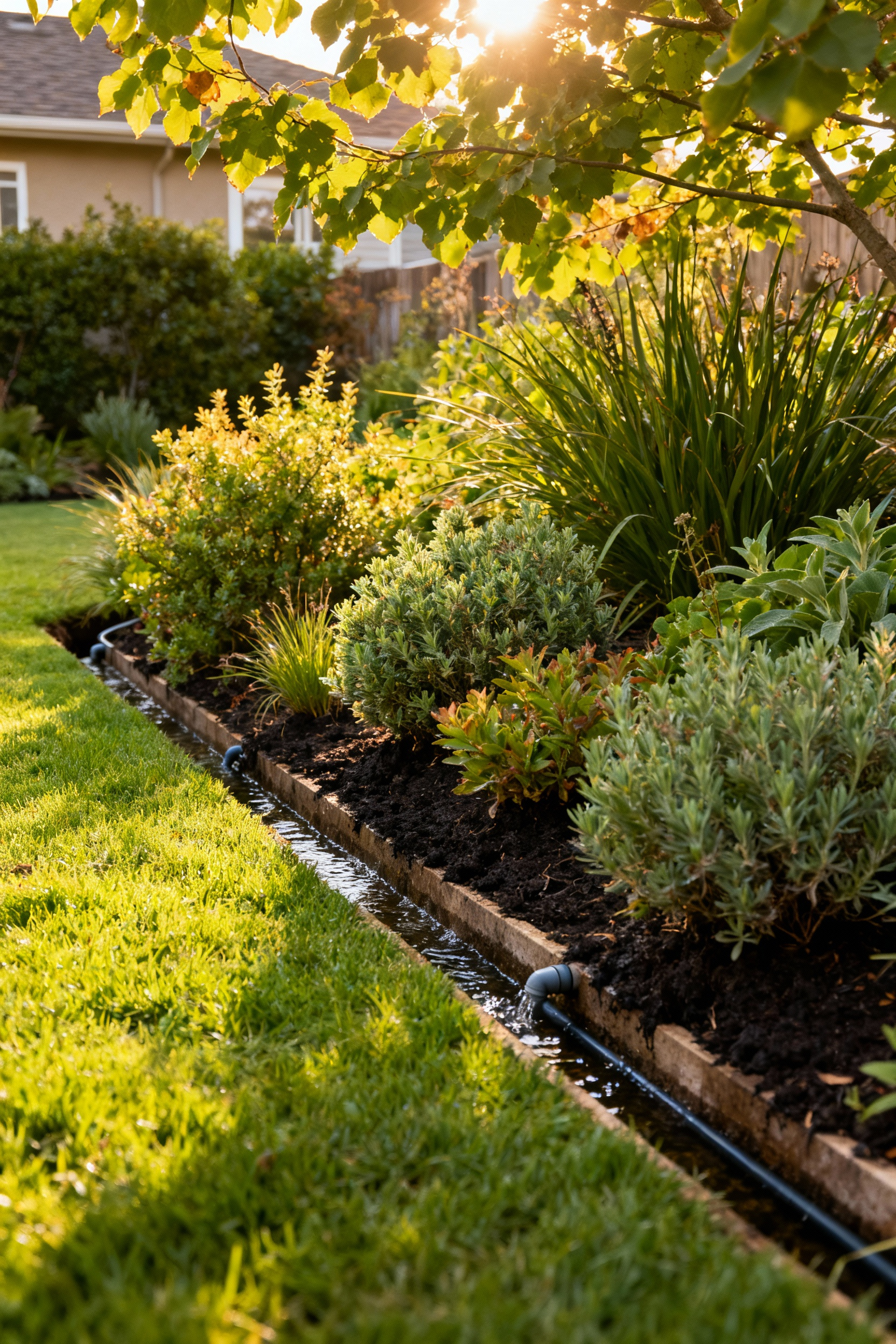A subsurface greywater irrigation system nourishing an ecological garden, showcasing residential greywater recycling for sustainable lawn care.