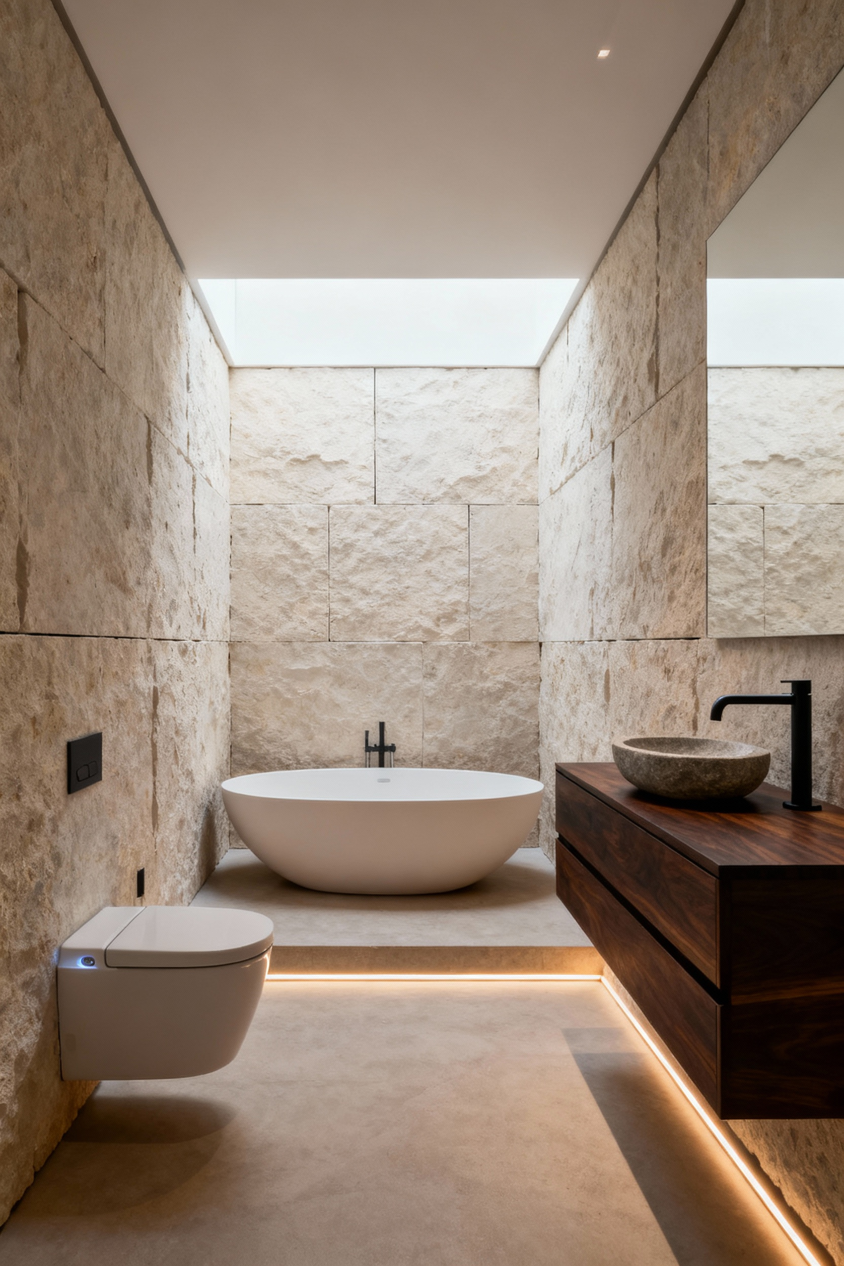 A minimalist, luxurious master bathroom featuring limestone walls, a floating teak vanity, and sleek, integrated fixtures demonstrating invisible technology and perpetual hygiene.