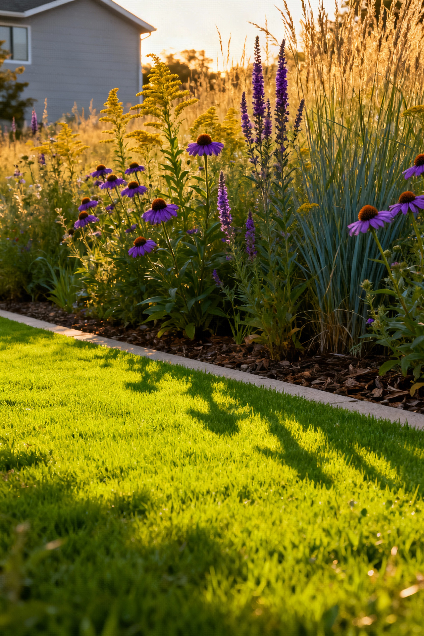 A photograph of a suburban garden showing a Rewilded Periphery, where a clean, mowed lawn frame surrounds a vibrant native meadow filled with purple and yellow wildflowers.
