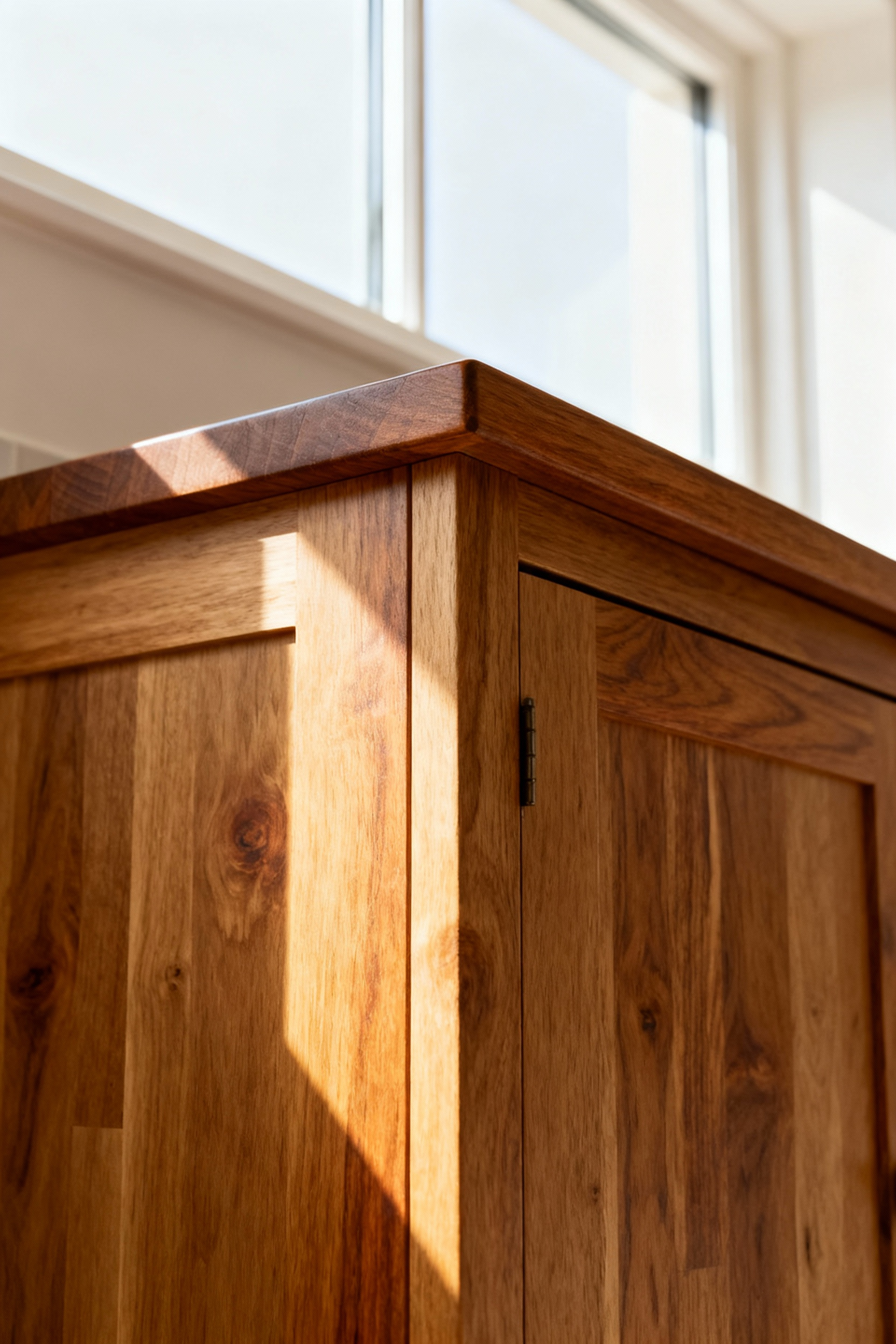 Close-up of well-maintained organic oak kitchen cabinet door with natural tung oil finish, highlighting wood grain and patina under natural light, symbolizing regenerative maintenance.