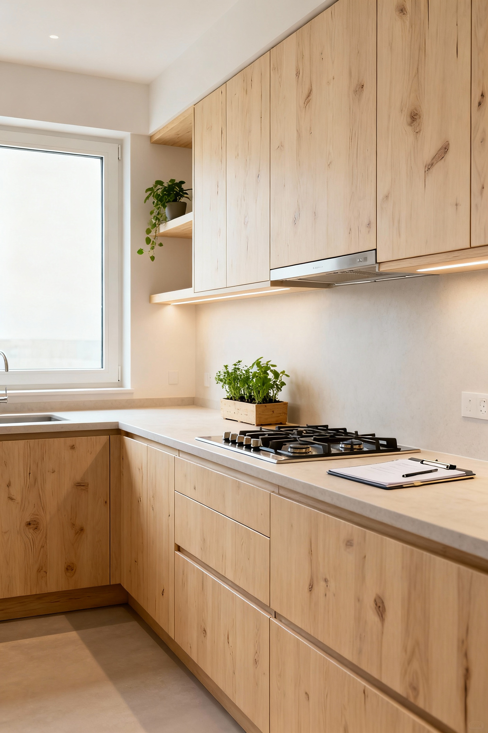 Organic kitchen with ergonomic layout, sustainable wood cabinetry, natural light, efficient workflow, form and function harmony.