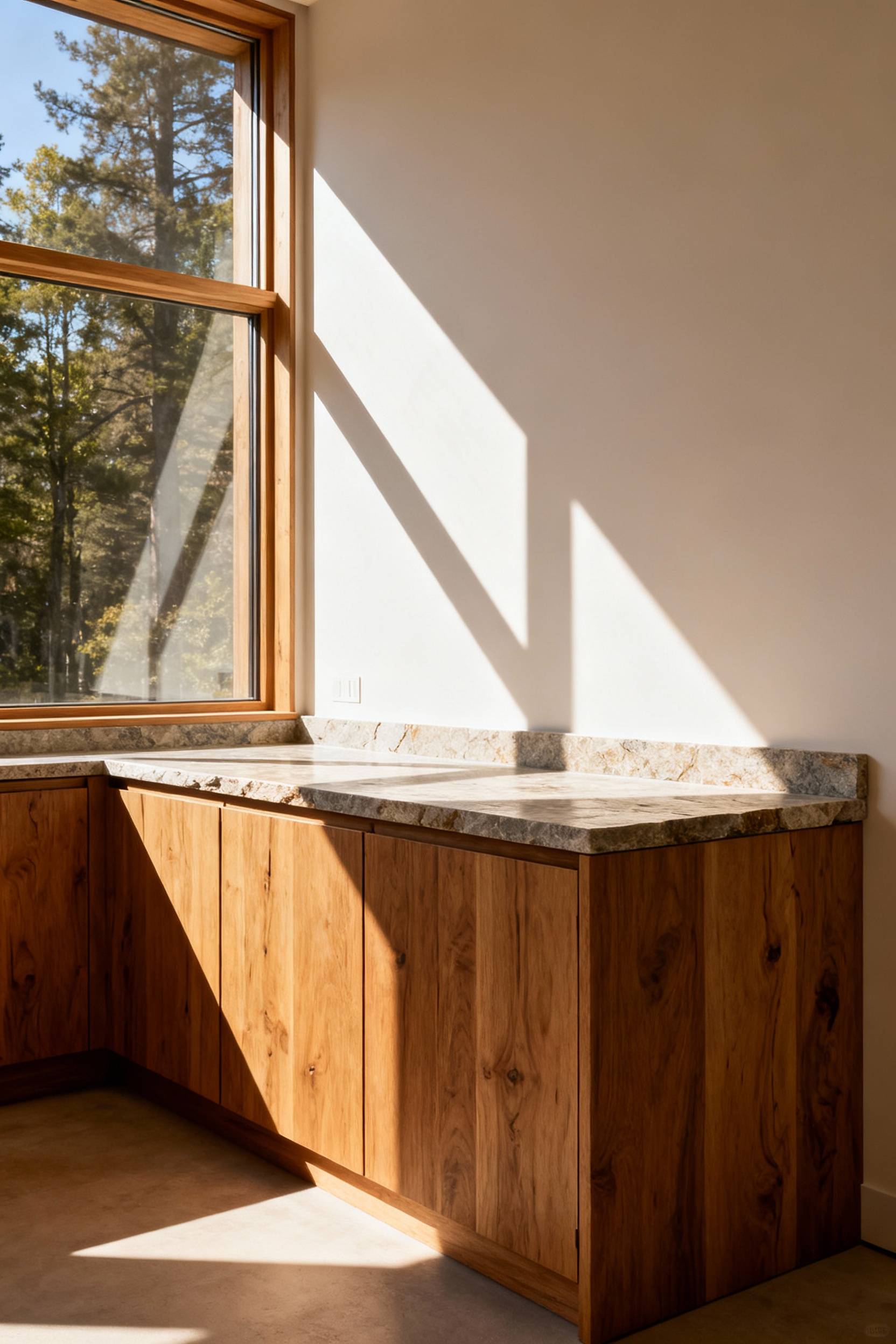 A bright, modern organic kitchen featuring custom wooden cabinetry integrated with large windows for passive solar gain, enhancing thermal performance.