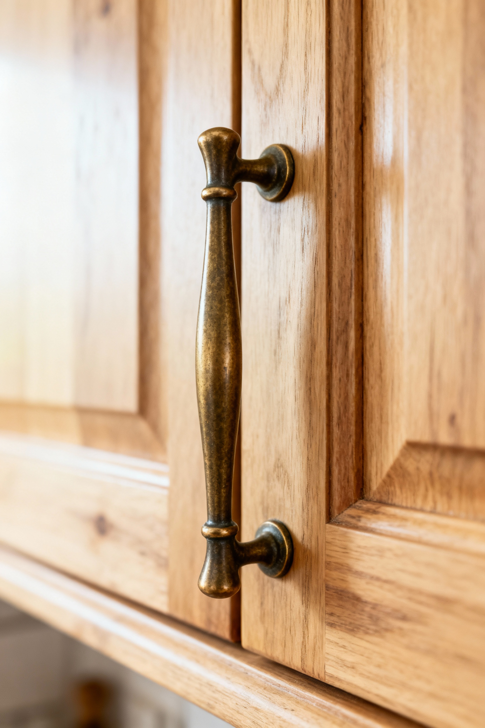 Close-up of a solid bronze cabinet pull on an organic oak kitchen cabinet, highlighting durable, recyclable, and ethically sourced hardware for a heritage aesthetic.