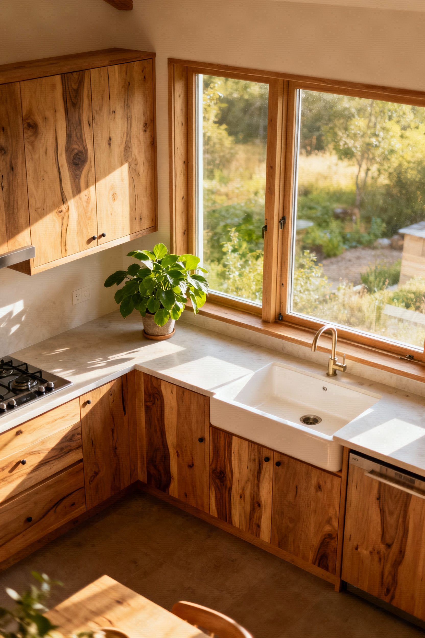 Organic kitchen with wooden cabinets and clean surfaces, illustrating principles of VOC mitigation for improved indoor air quality. Natural light and fresh atmosphere.