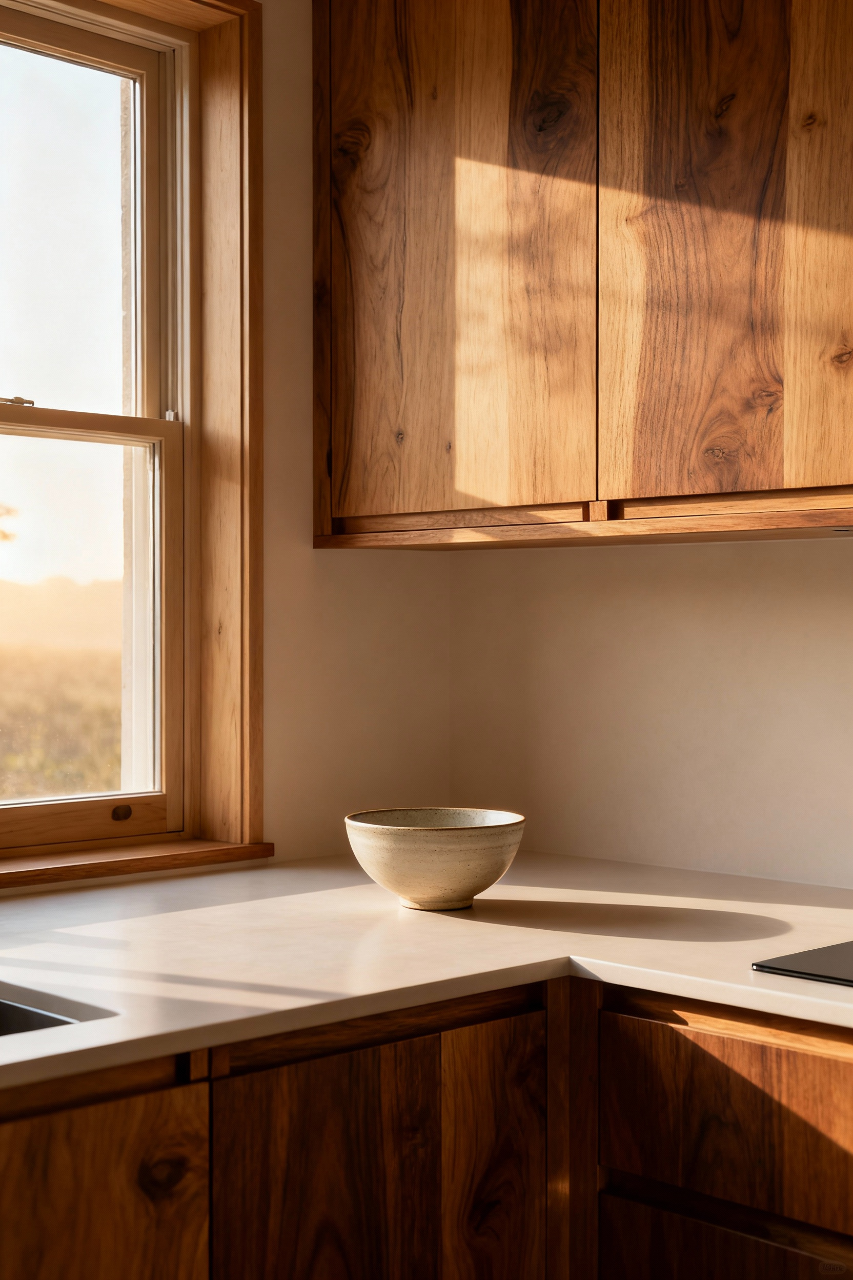 Close-up of bespoke organic kitchen cabinetry made from sustainably harvested light-toned wood, showcasing visible grain and natural texture in a modern, sunlit kitchen setting, emphasizing natural beauty and durable craftsmanship for a healthy home.