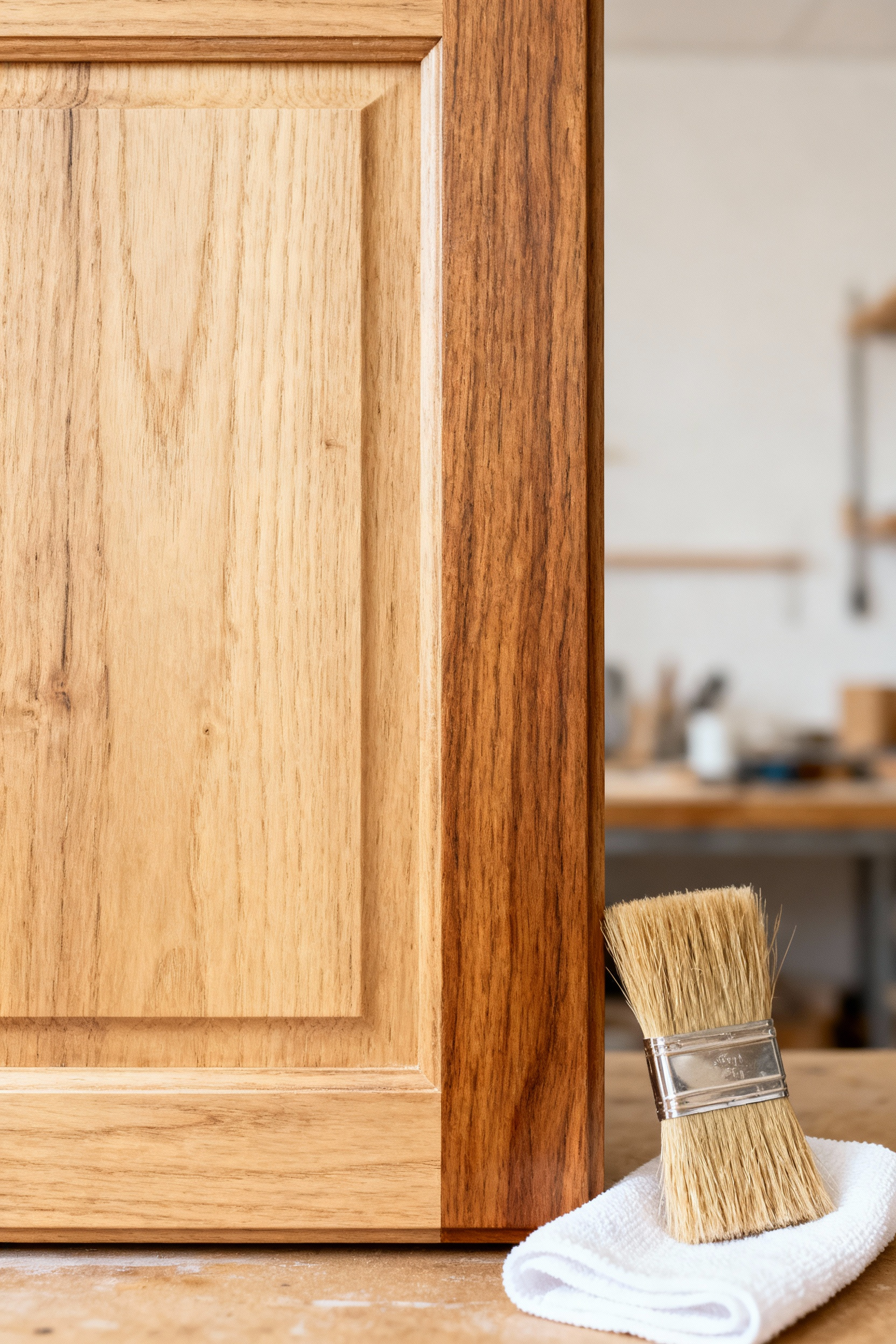 Close-up of an organic kitchen cabinet door showcasing natural wood with a section treated with a non-toxic finish, emphasizing healthy and durable coating options for sustainable home design.