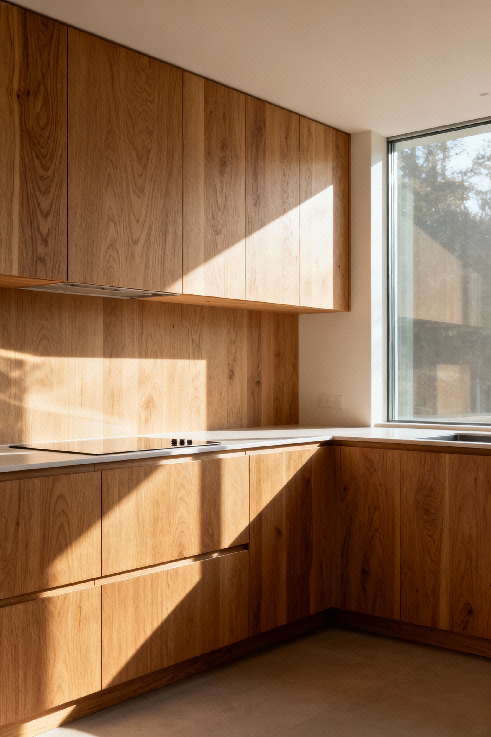 Organic kitchen cabinets made of quartersawn oak, beautifully illuminated by soft natural light filtering through a low-iron glass window, showcasing enhanced wood grain and texture, no people.