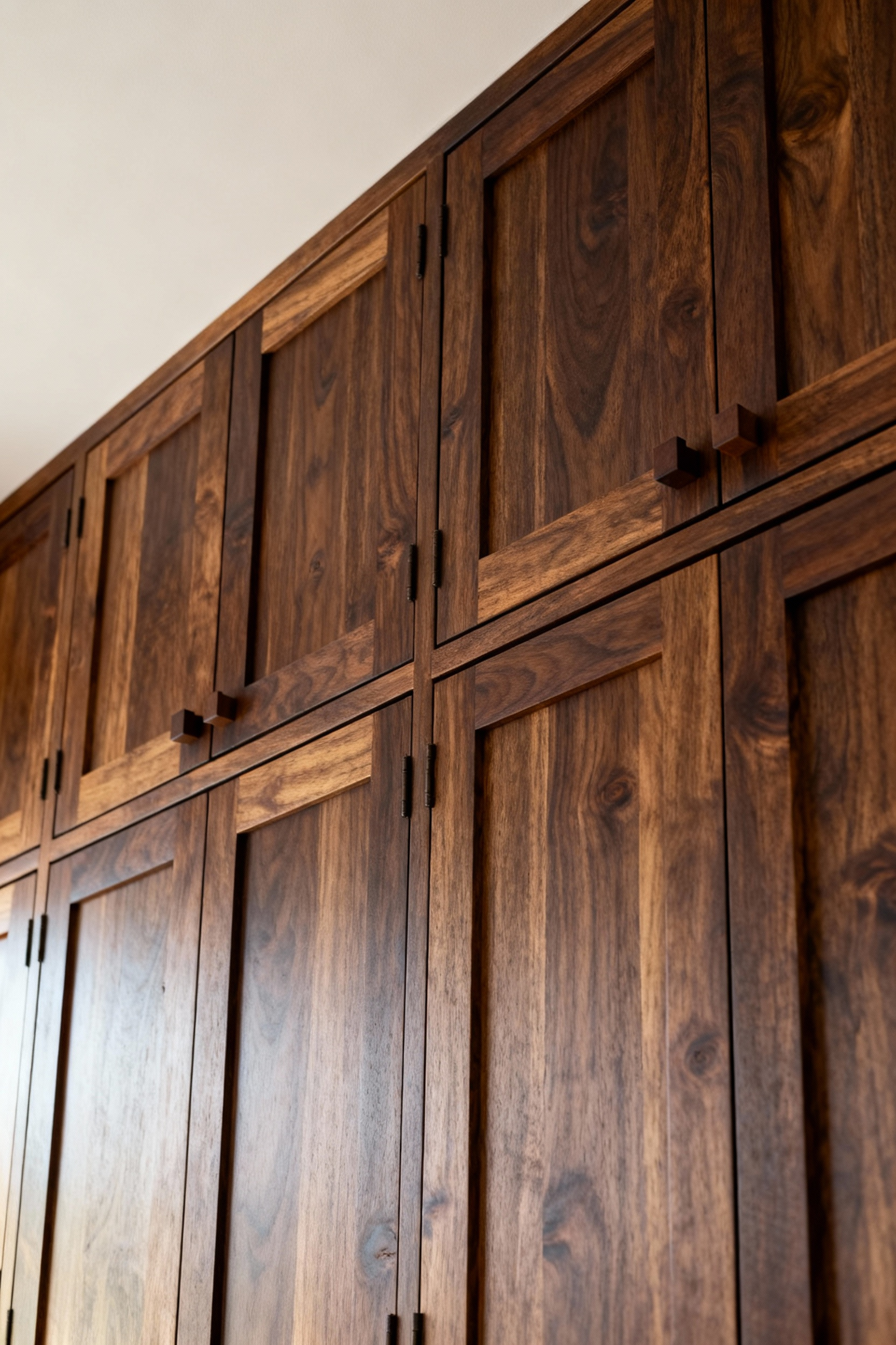 Organic kitchen cabinets made with FSC-certified reclaimed Black Walnut and traditional dovetail joinery, showcasing timeless design and sustainable value. Natural light emphasizes the quality craftsmanship and rich texture.