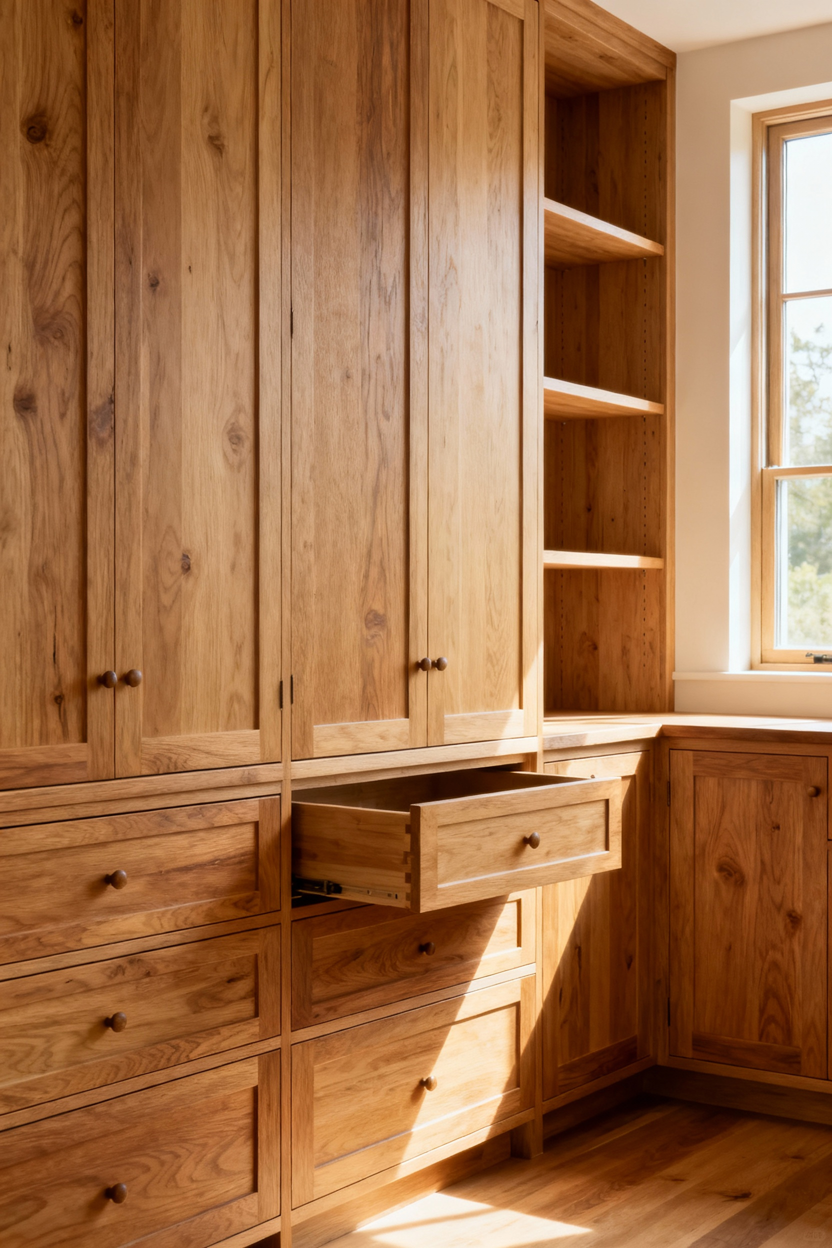 A beautifully organized organic kitchen with custom-built solid wood cabinetry featuring bespoke storage solutions, emphasizing durability and adaptable design. Visible are natural wood textures and traditional joinery, bathed in natural light.