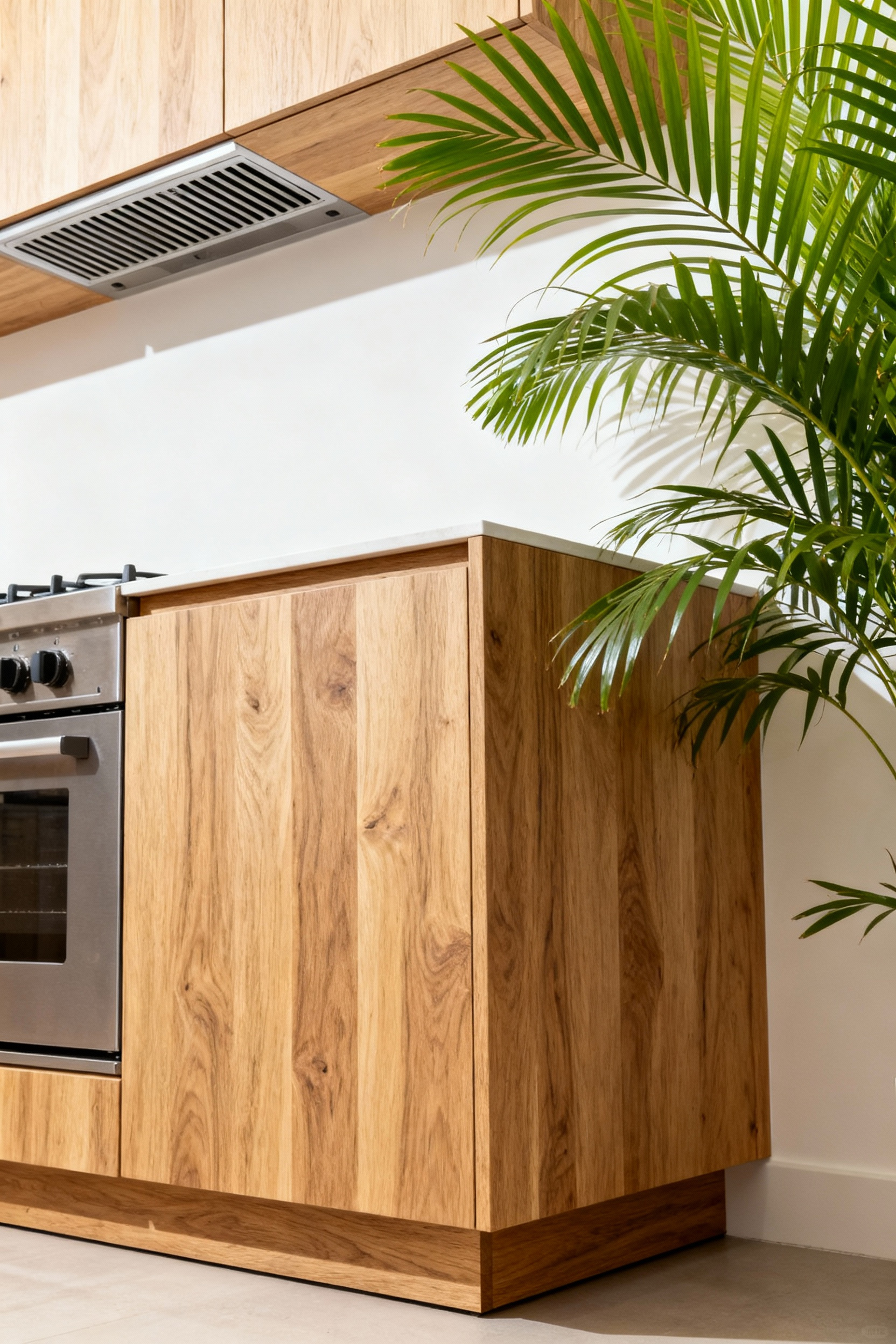 An elegant organic kitchen with White Oak cabinets and integrated ventilation designed for moisture mitigation, showing tropical plants and soft natural lighting.