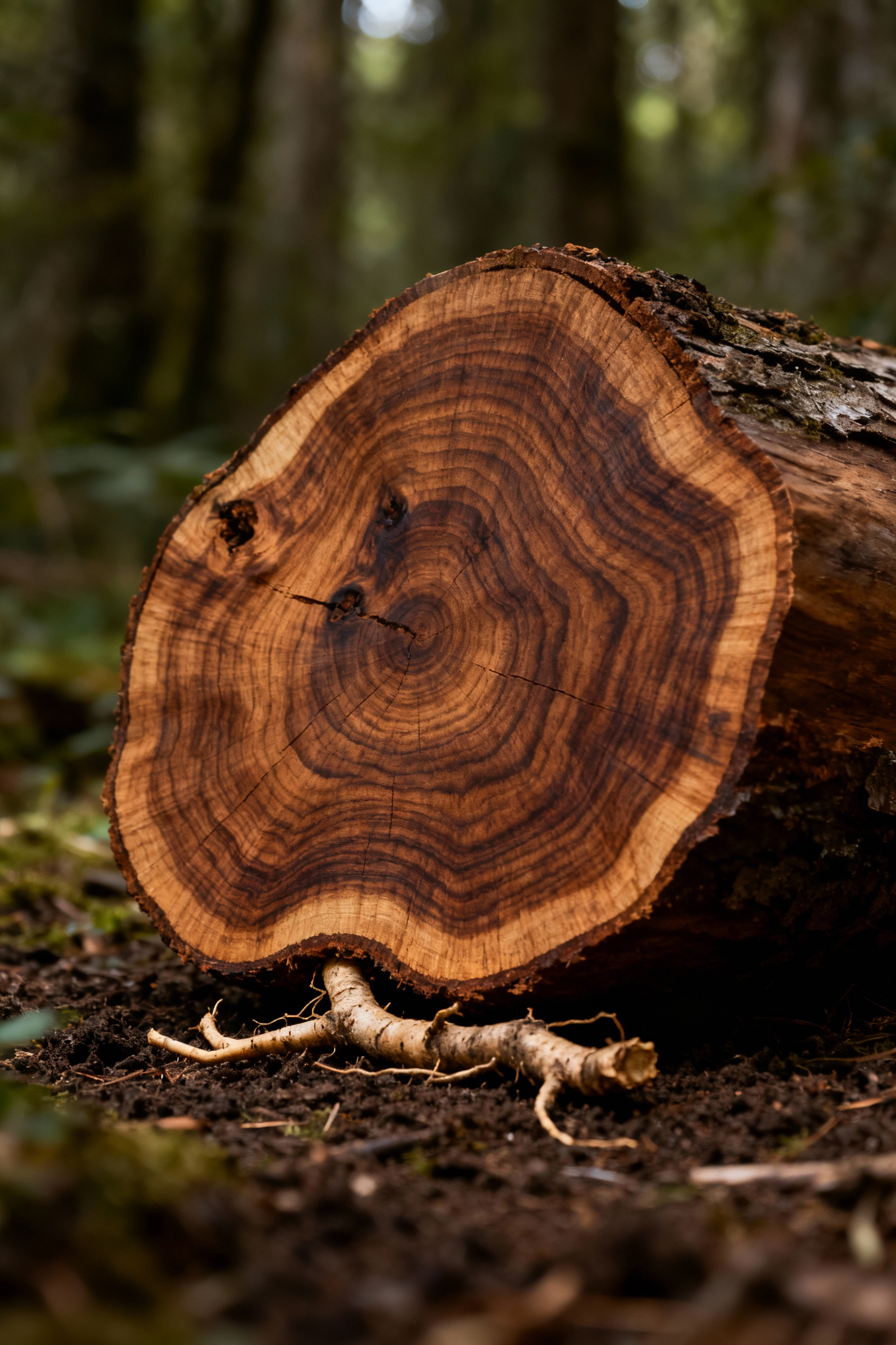 A beautiful cross-section of rich, ethically sourced timber on a forest bed, showcasing unique grain and roots, emphasizing wood terroir and natural origin for kitchen cabinets.