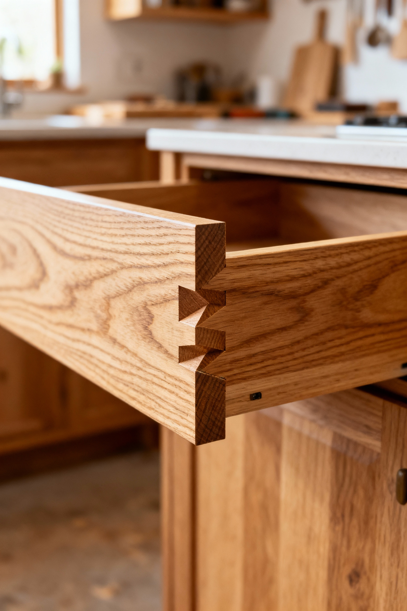 Close-up of a meticulously hand-cut dovetail joint on an organic kitchen cabinet drawer, made from sustainably sourced oak, demonstrating traditional craftsmanship and structural integrity.