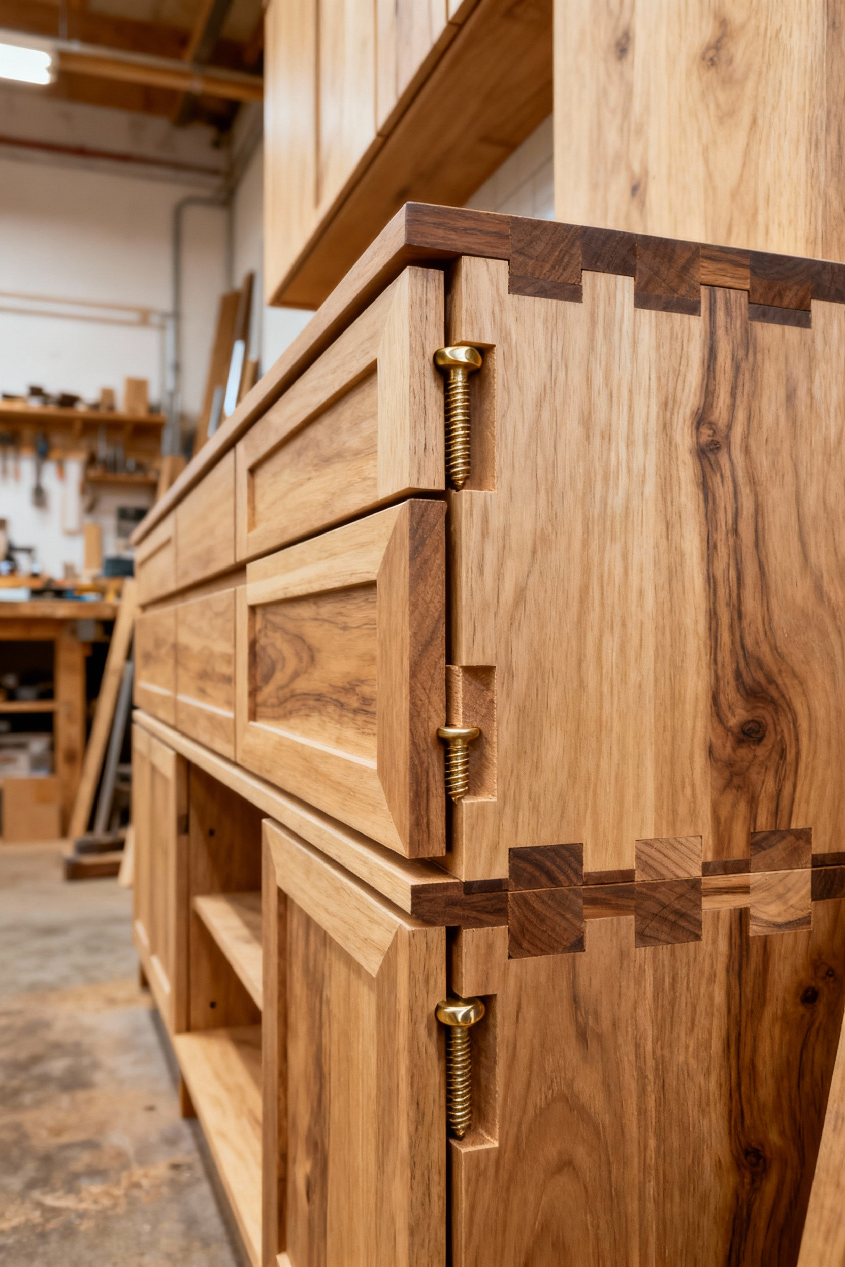 Image showing a modular organic kitchen cabinet with visible reversible joinery, designed for disassembly and repair, embodying circular economy principles.