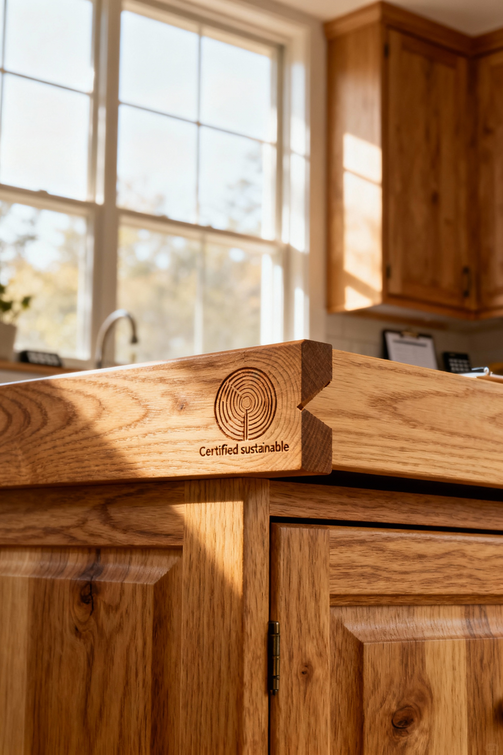 Close-up of a finely crafted organic kitchen cabinet made from FSC-certified sustainable White Oak, showcasing beautiful wood grain, subtle joinery, and natural warmth under soft morning light.
