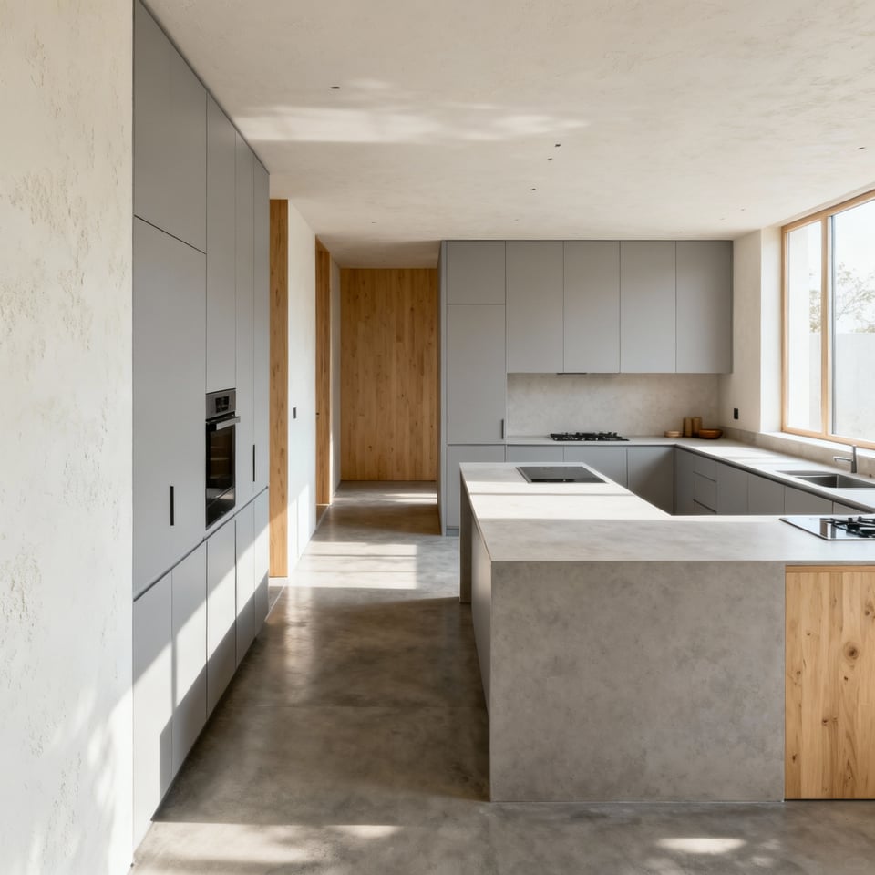 A minimalist Zen kitchen featuring clean lines, handle-less cabinetry, and uncluttered surfaces, showcasing the 'Ma' principle of intentional negative space for a serene atmosphere.