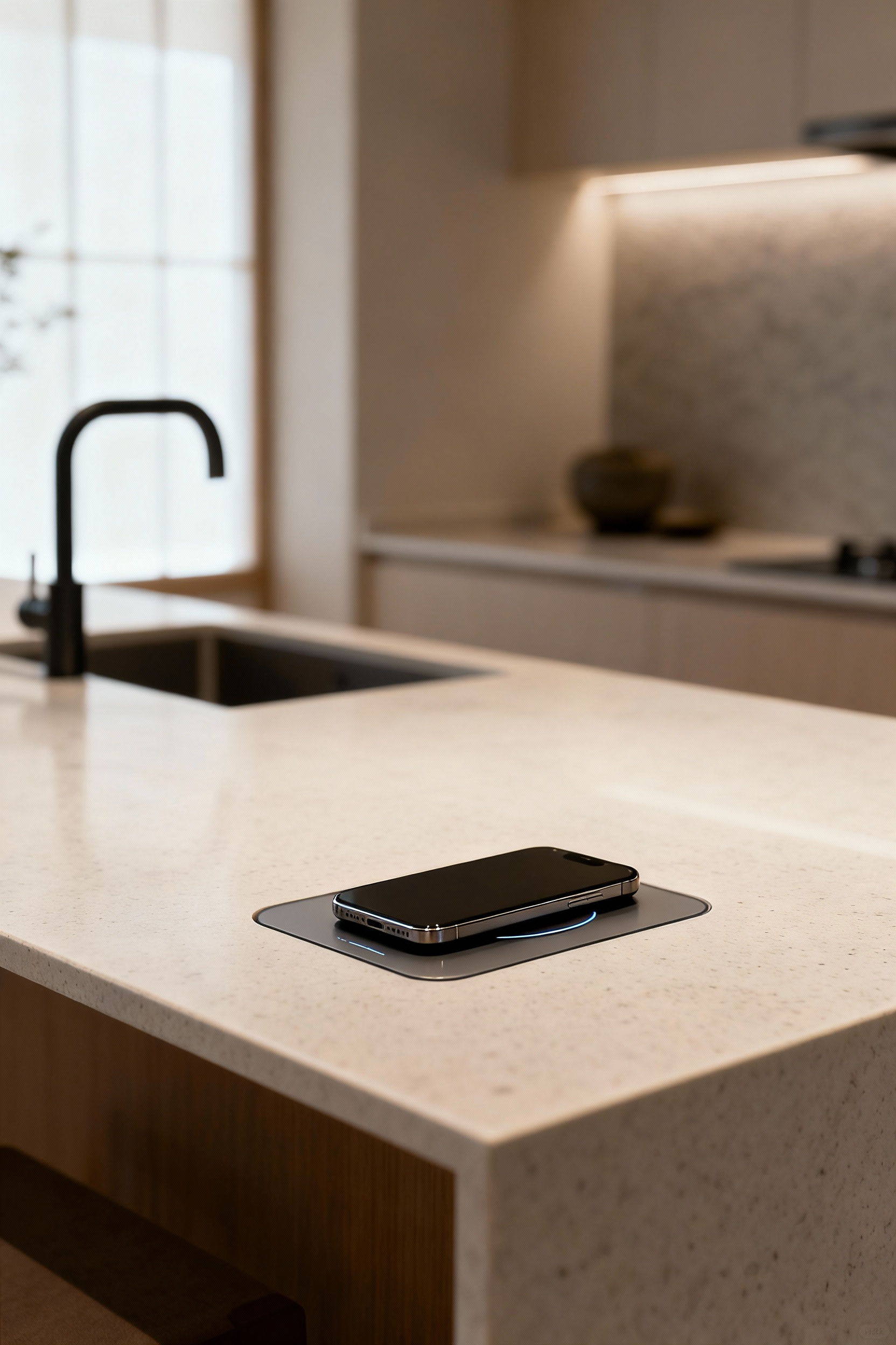 Sleek kitchen countertop with a smartphone wirelessly charging, demonstrating hidden inductive charging zones.