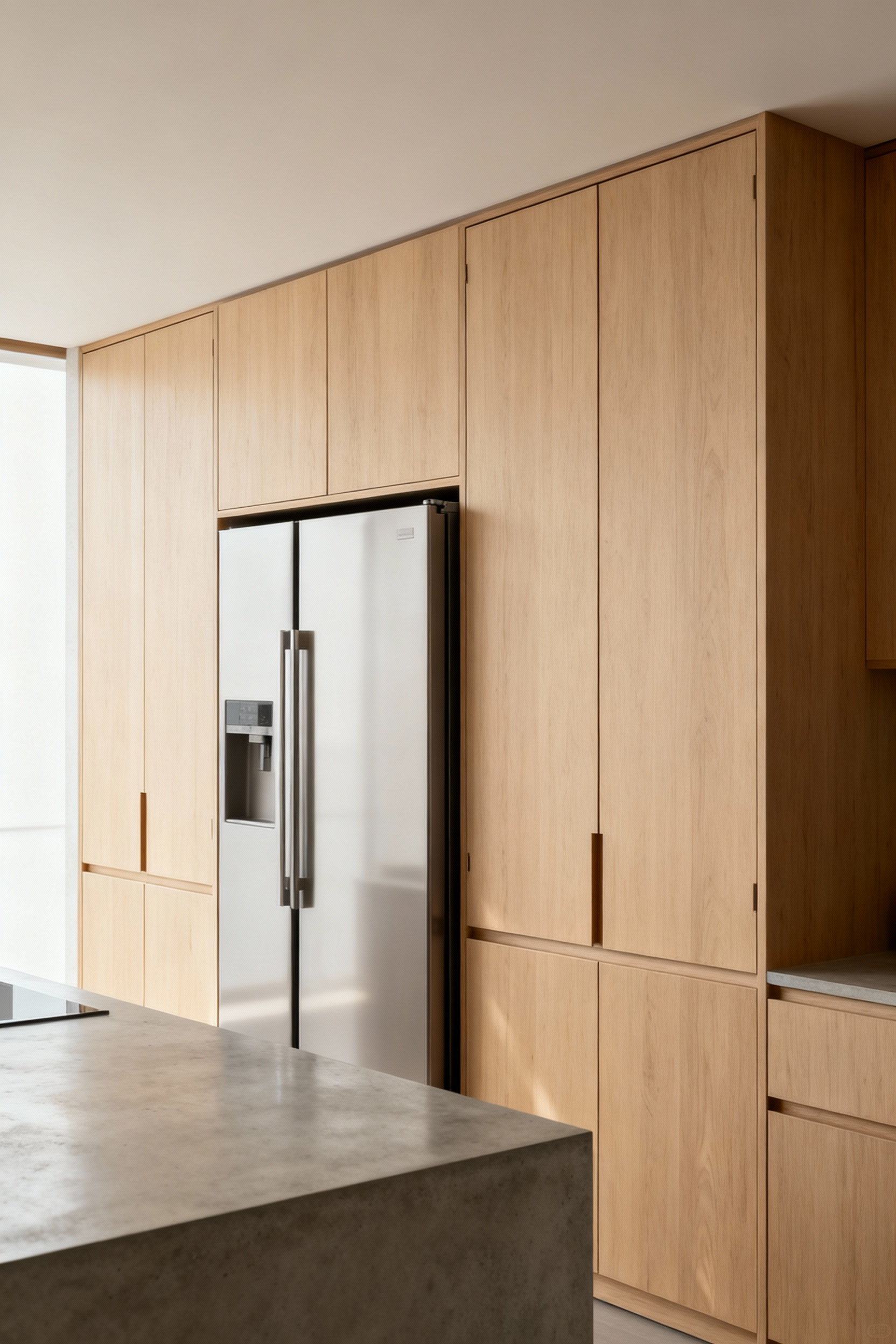 Integrated food preservation and fermentation hubs hidden behind wood panels in a modern Zen kitchen