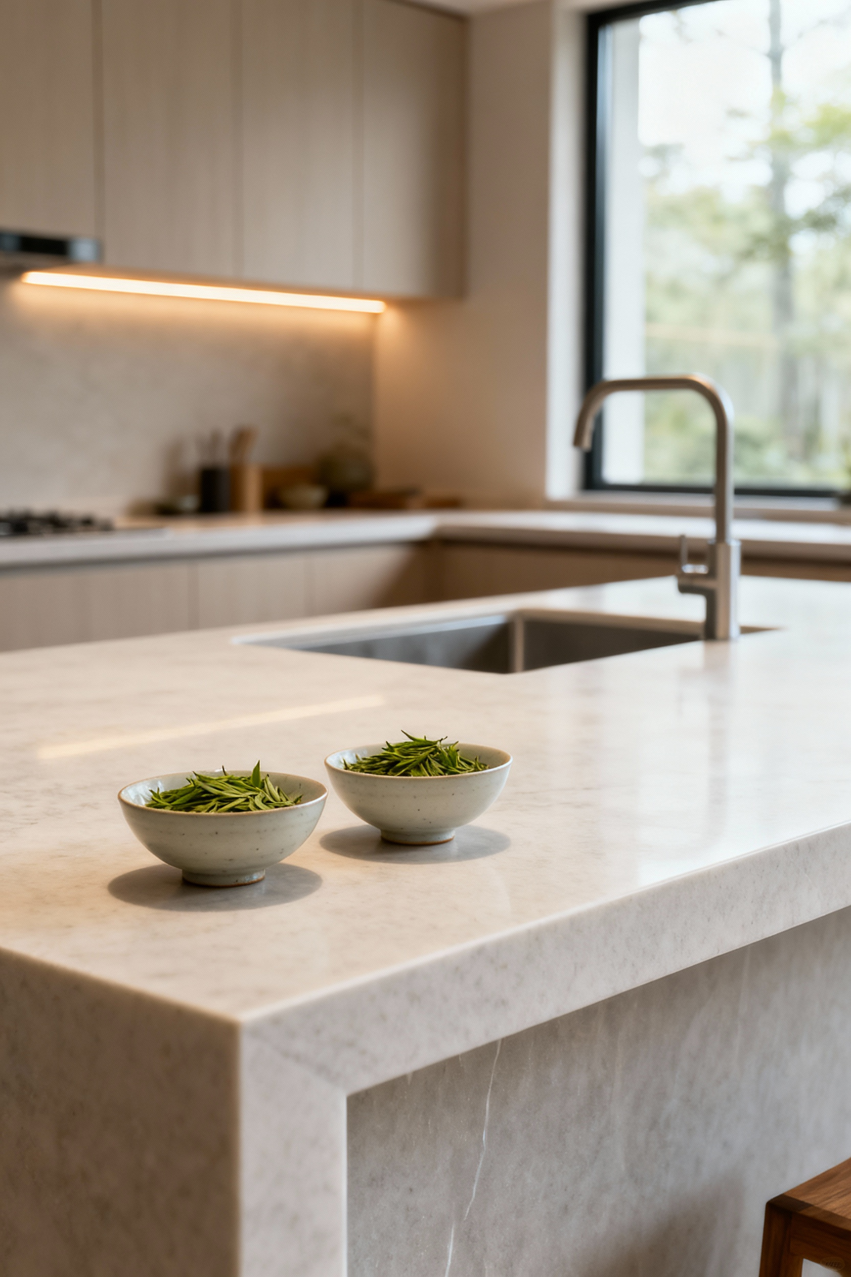 Modern Zen kitchen with light-colored engineered quartz countertops, integrated sink, and waterfall edge, emphasizing its hygienic and non-porous surface.