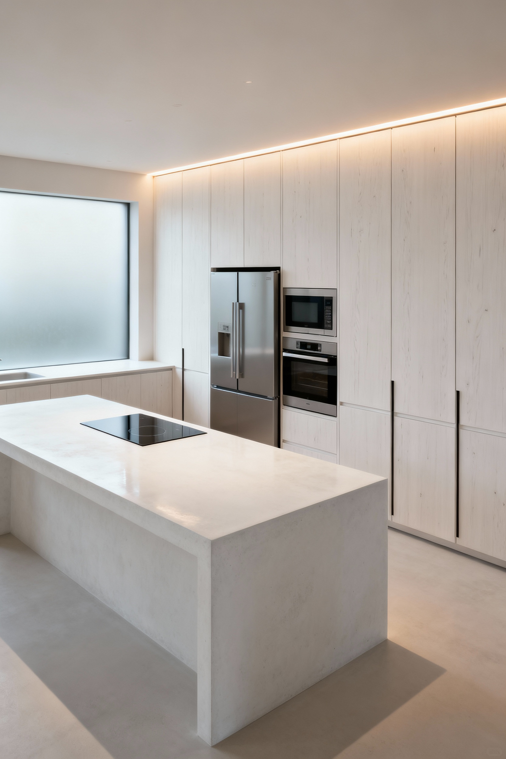 A minimalist Zen kitchen featuring seamless white oak cabinetry, integrated appliances, polished concrete countertops, and no visible clutter, embodying strategic concealment and visual decluttering.