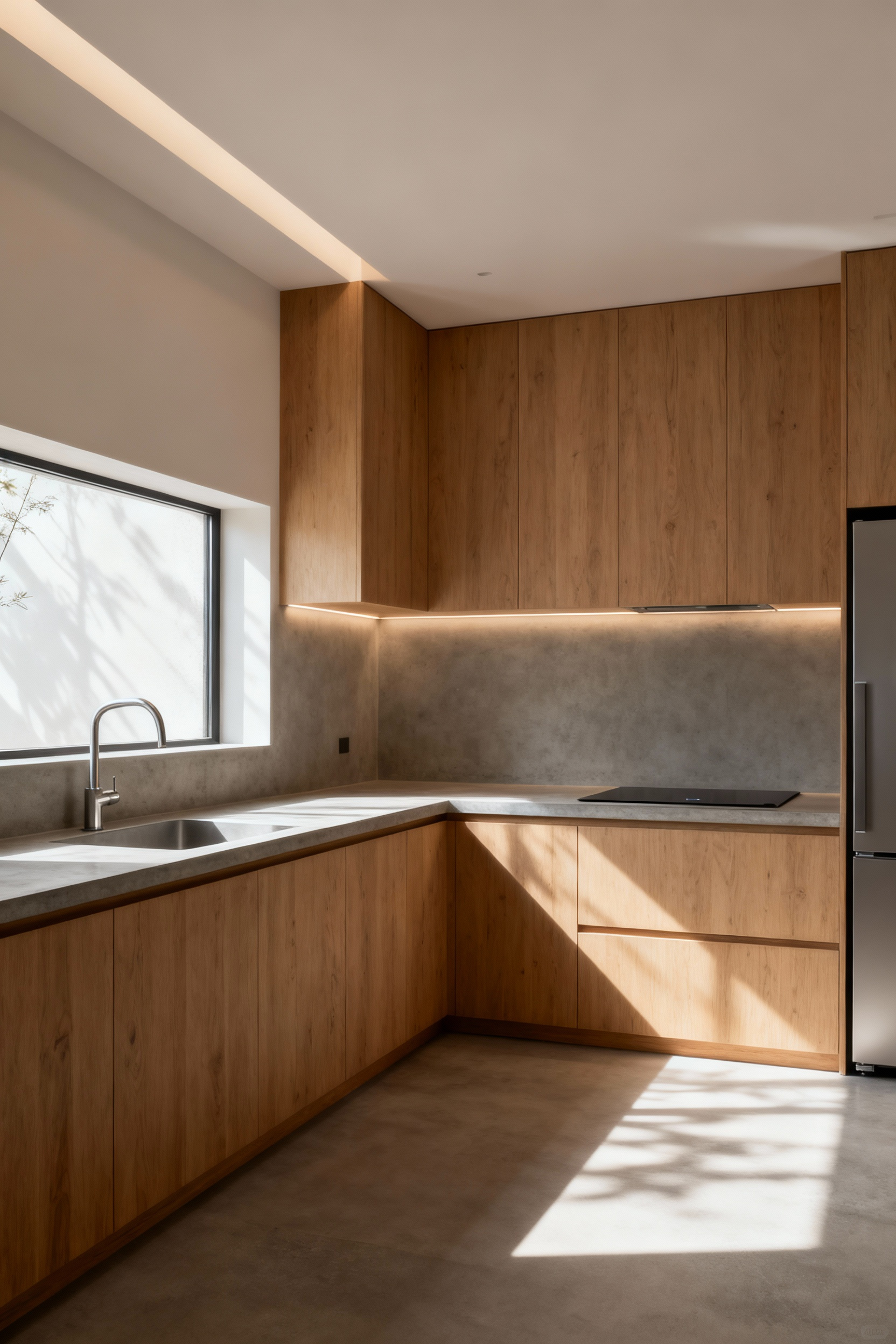 Zen kitchen with a kinetic work triangle layout featuring a modern sink, integrated refrigerator, and induction cooktop, emphasizing clear pathways and fluid movement.