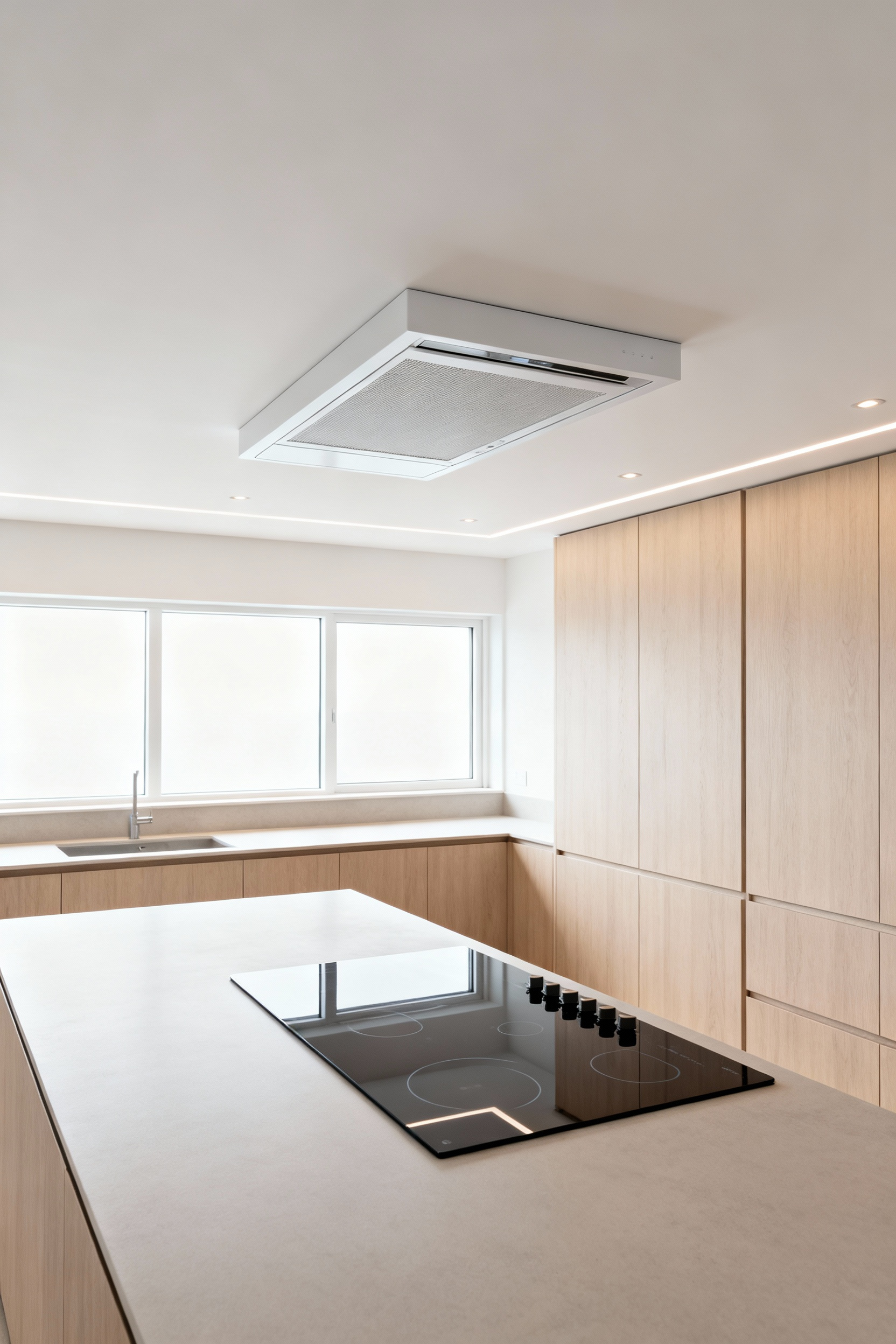 Modern kitchen with a seamlessly integrated, invisible ventilation system above an induction cooktop, surrounded by custom wood cabinetry and bathed in natural light, embodying a serene and minimalist design.