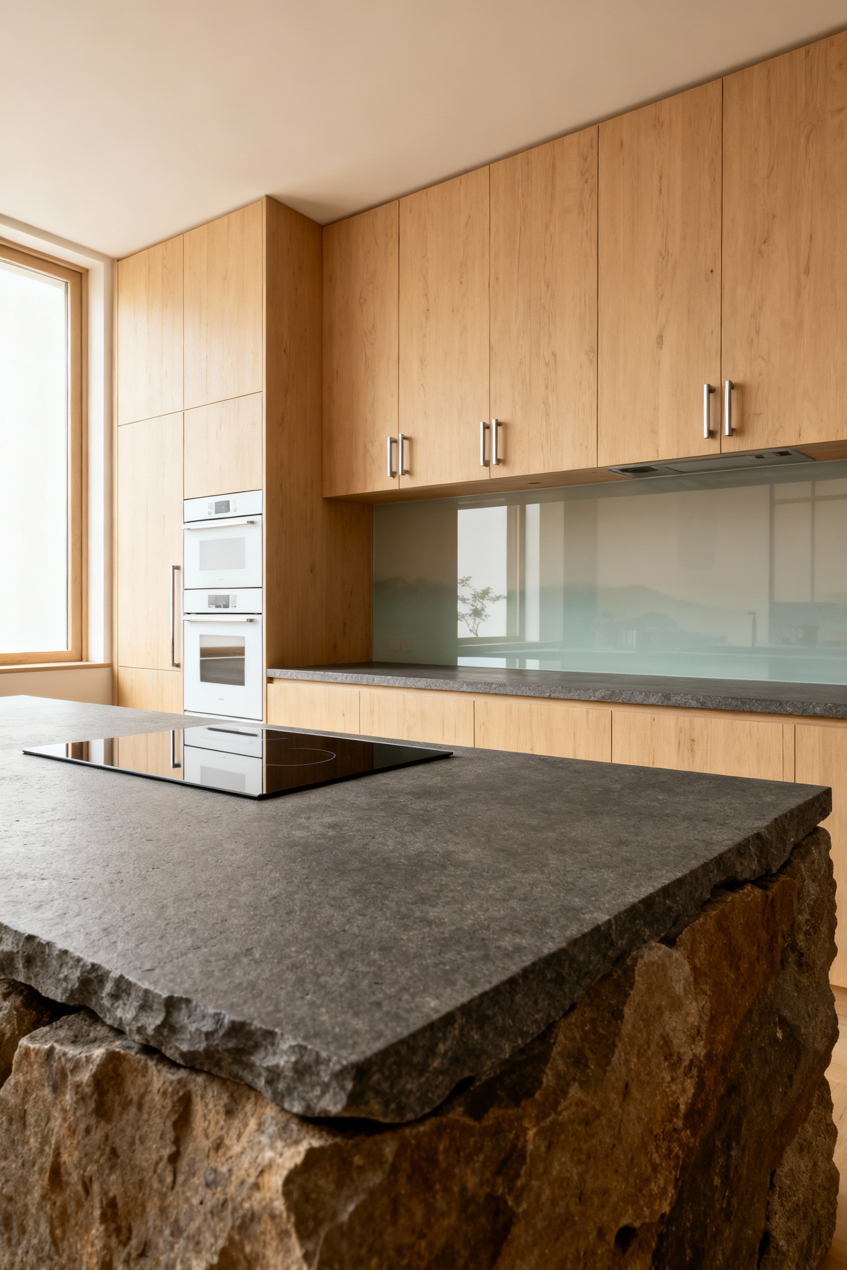 Modern Zen kitchen with integrated Five Elements design, featuring natural timber cabinetry, stone countertops, sleek stainless steel, and a serene glass backsplash for holistic energy balance.
