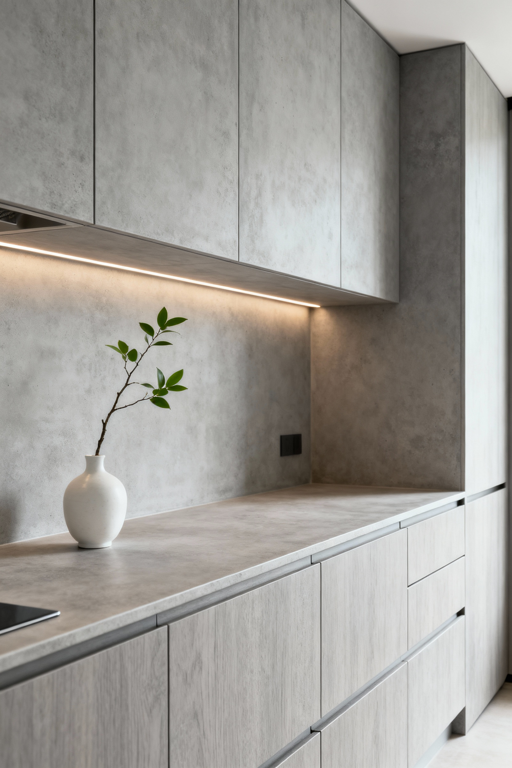 Modern Zen kitchen cabinetry with light gray ceramic-reinforced veneer facades and integrated handle-less design, reflecting soft natural light and showcasing seamless, durable surfaces. Kitchen remodel inspiration for item number 10.