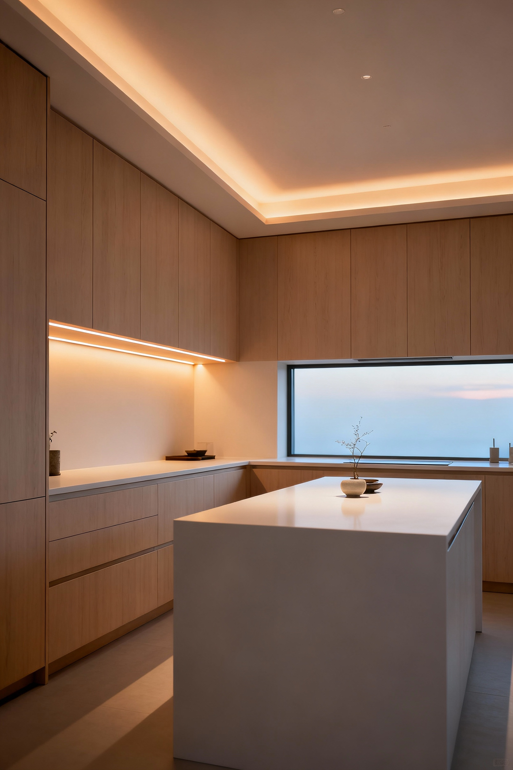 Modern Zen kitchen with warm human-centric lighting, showcasing recessed LEDs, cove lighting, and under-cabinet lights for dynamic mood control.