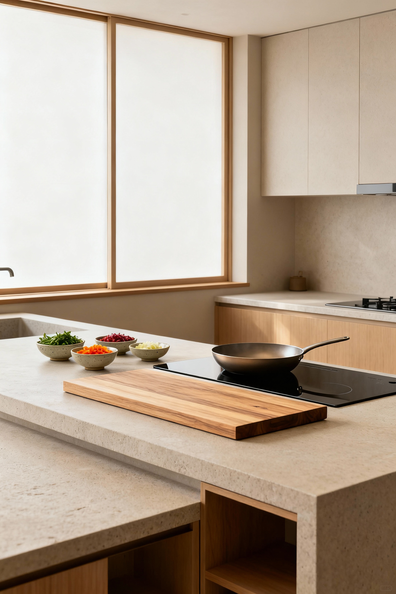A modern, minimalist kitchen displaying an integrated task-specific micro-zone for ingredient preparation and an adjacent cooking area, showcasing efficient layout and tranquil design.