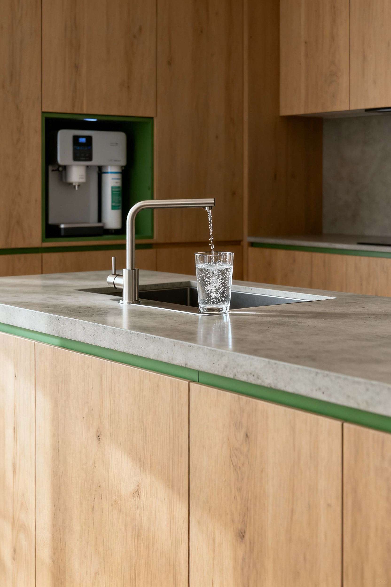 Modern Zen kitchen with integrated automated water purification and carbonation system, minimalist faucet on a light concrete countertop, dispensing sparkling water into a glass, clean design.