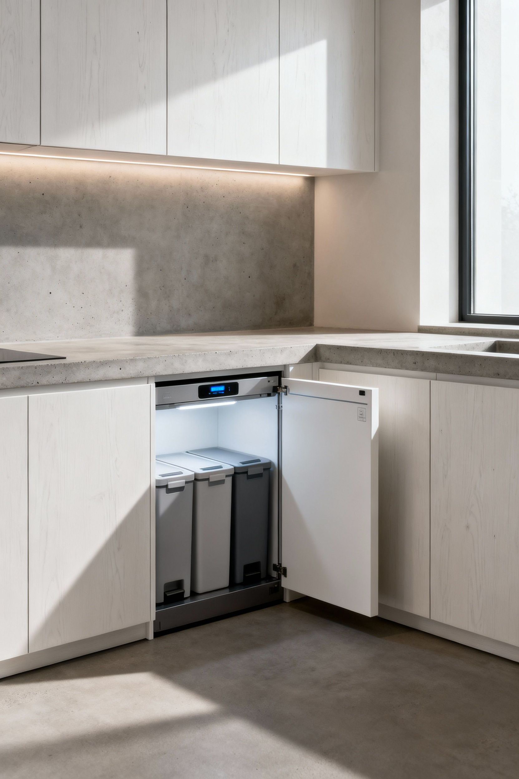Modern Zen kitchen featuring a subtly integrated, intelligent waste management system with automated sorting bins concealed behind sleek, handleless cabinetry, showcasing minimalist design and efficiency.