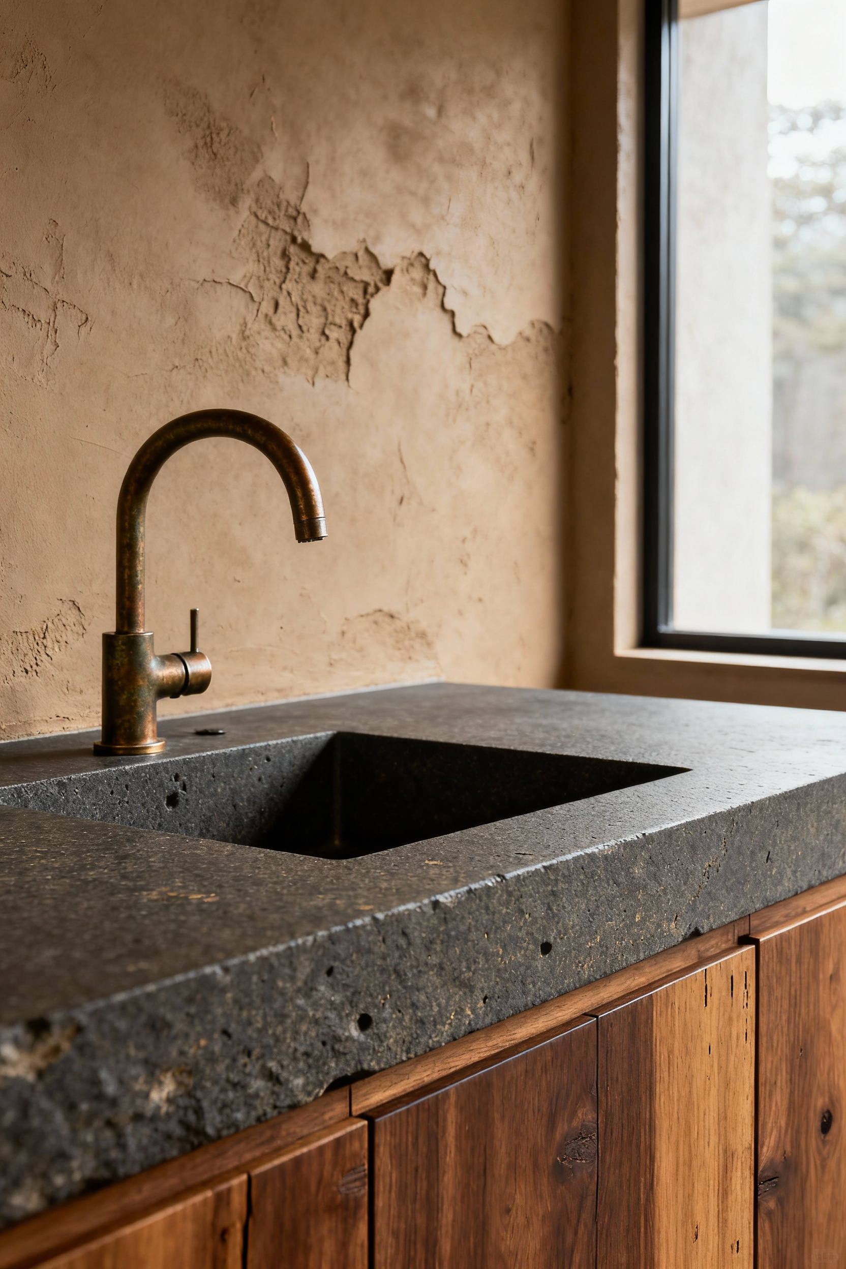 Modern Zen kitchen showcasing Wabi-Sabi design with honed basalt countertop, hand-finished wood cabinets, and textured clay plaster wall, bathed in natural light, emphasizing material imperfections and natural beauty.