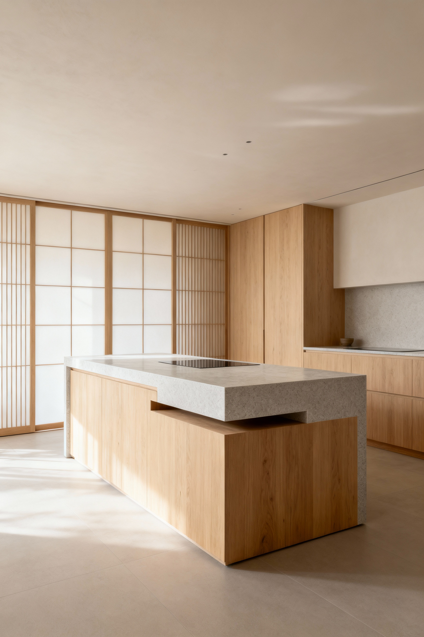 A modern kitchen featuring a light-stained oak and engineered stone dynamic elevation kitchen island, showing a portion of the island raised, amidst a minimalist Zen aesthetic.