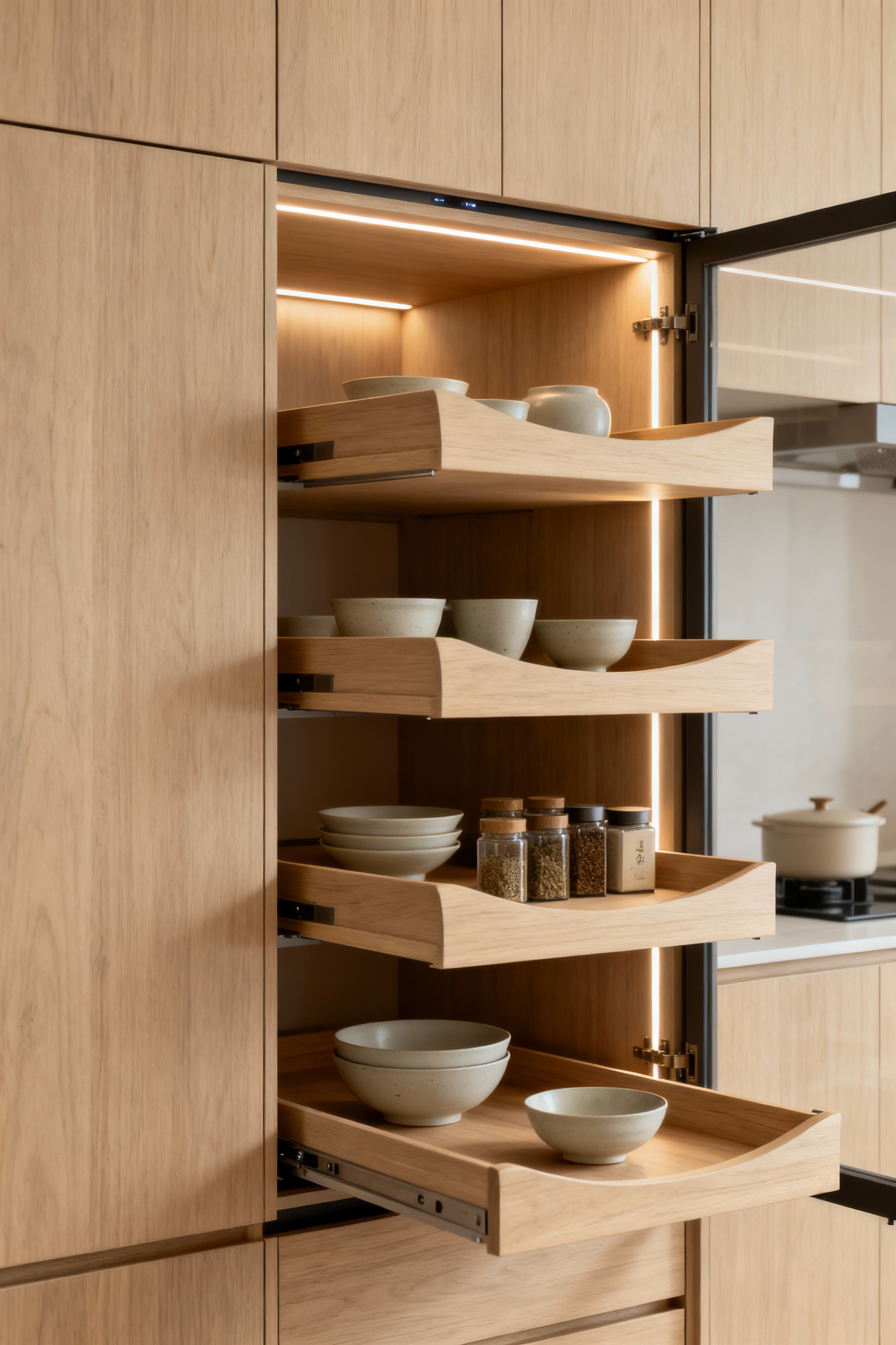 Modern Zen kitchen with an open cabinet revealing ergonomic tiered pull-out pantry shelves, light wood interior, organized kitchen items, subtle LED lighting, enhancing accessibility and streamlined design.