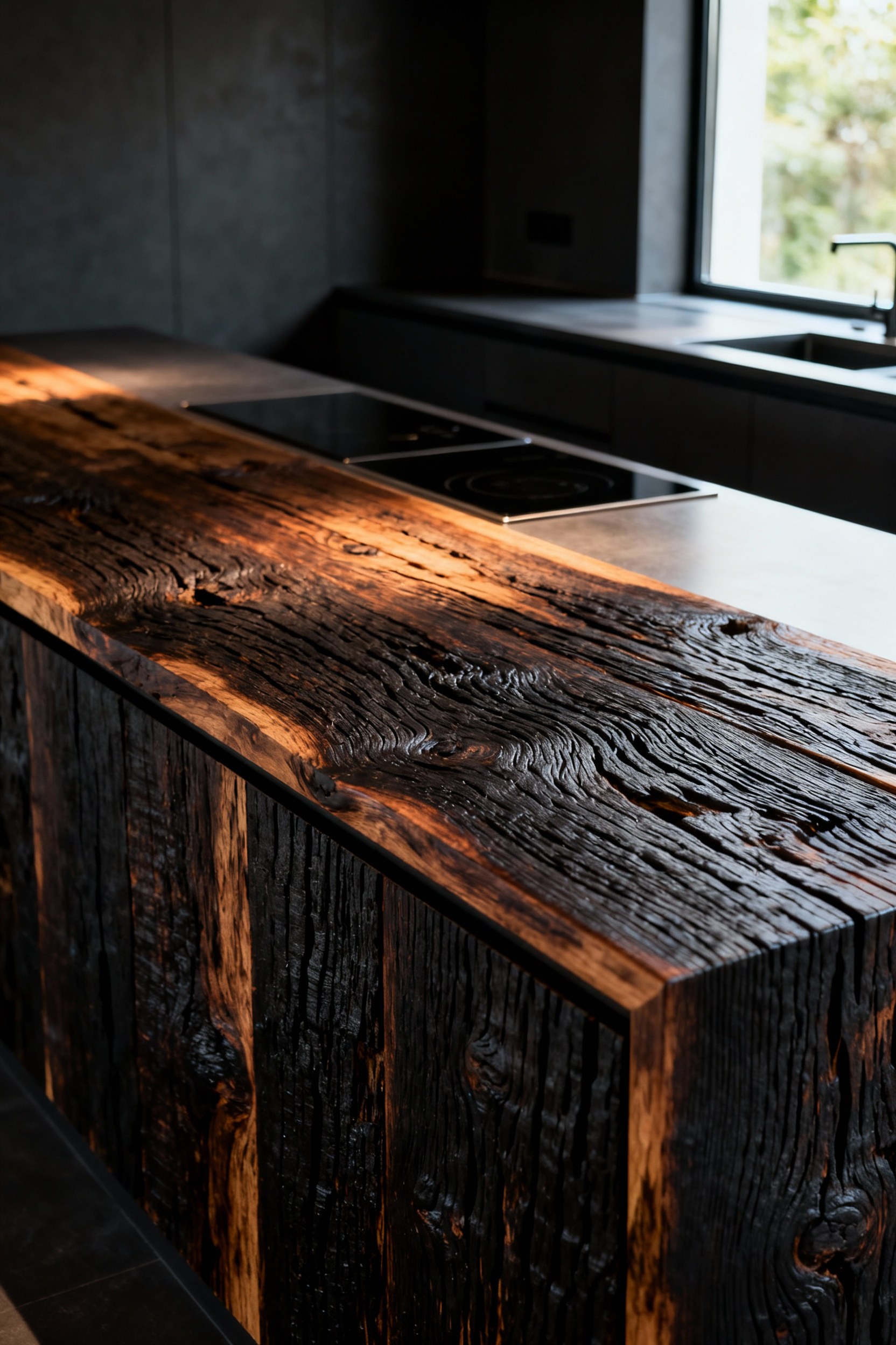 Modern Zen kitchen with an island clad in Shou Sugi Ban reclaimed hardwood, showing its dark, textured surface under natural light.