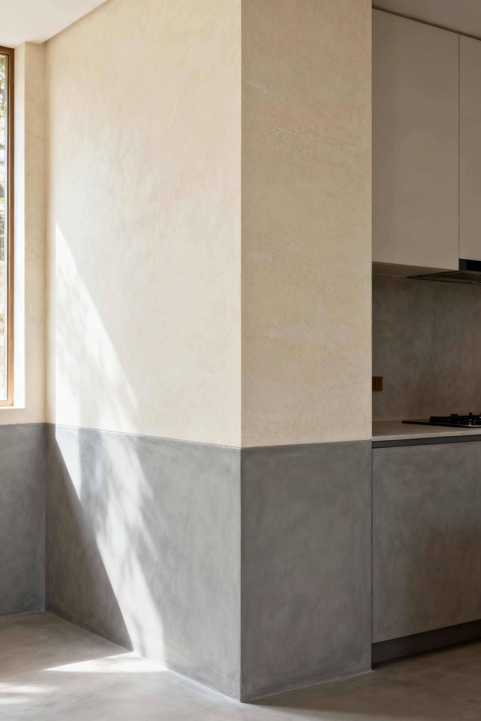 Modern kitchen wall showcasing seamless vertical planes crafted from light regenerative limestone and smooth Tadelakt plaster, natural light highlighting textures.