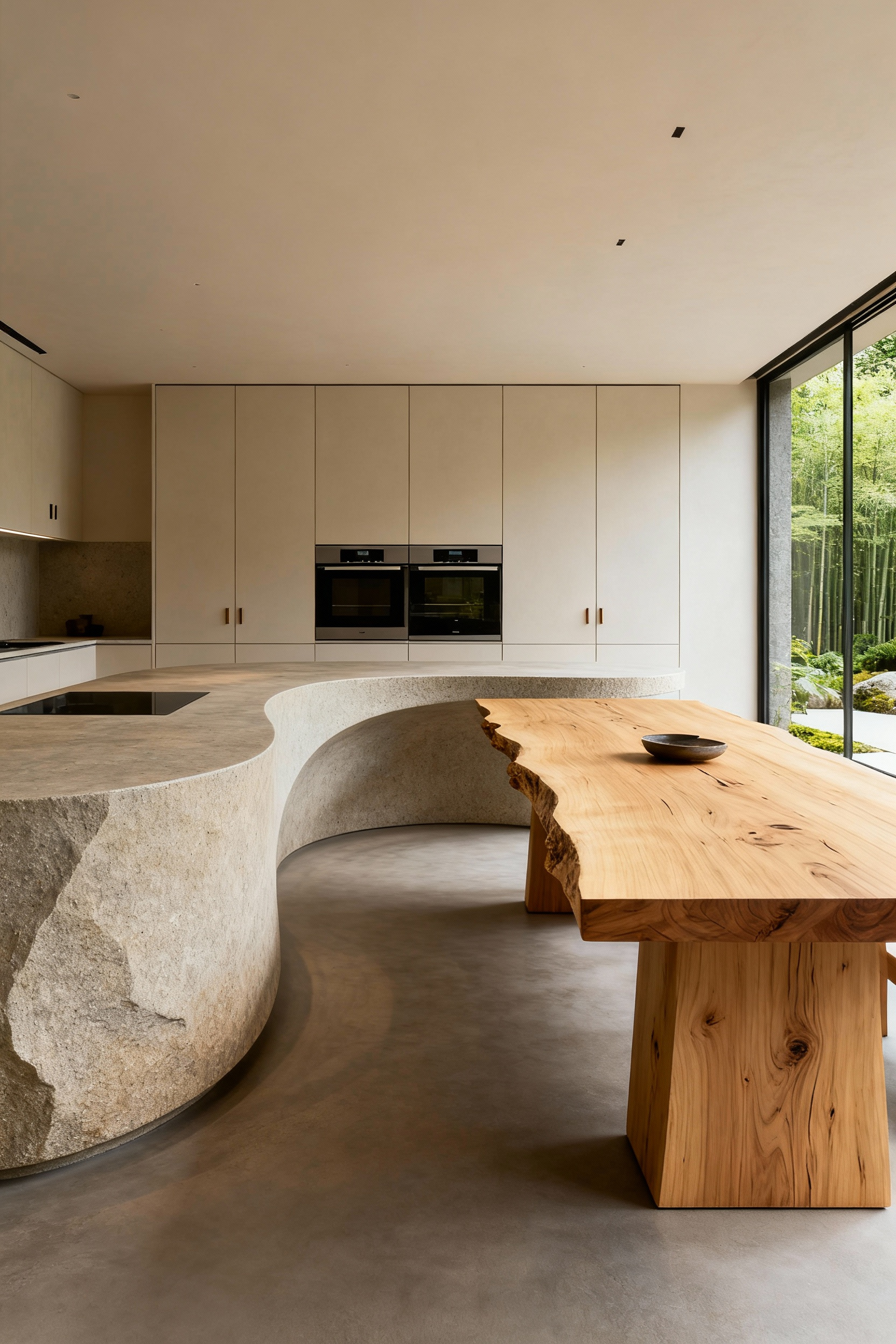 A serene, modern kitchen designed with biomimetic flow, featuring seamless stone countertops, concealed cedar cabinets, and hidden appliances for intuitive, ergonomic culinary movements.