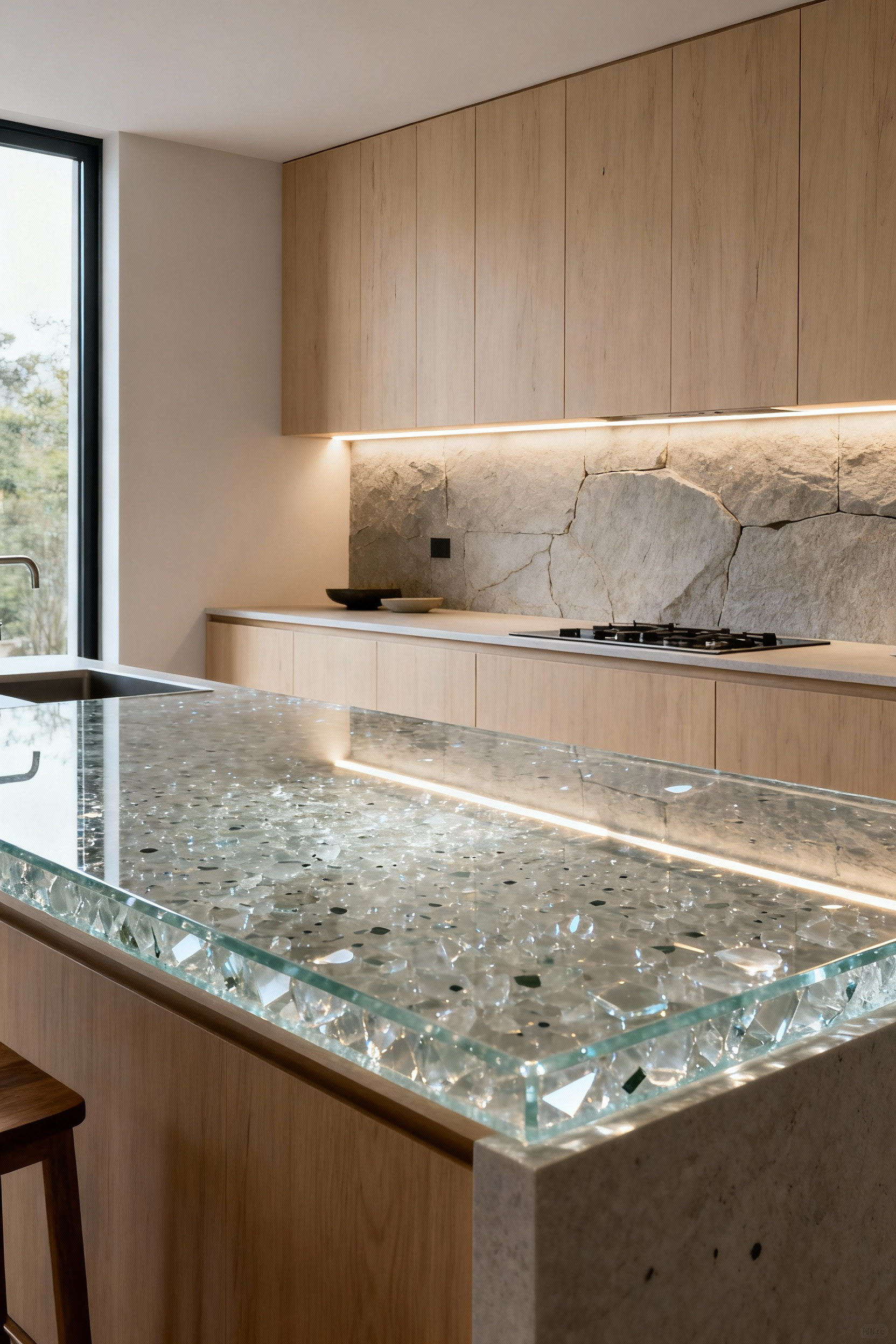Modern kitchen featuring a highly reflective, sustainable recycled glass countertop, highlighting its clear aggregate and luminous surface amidst minimalist design with light wood accents.