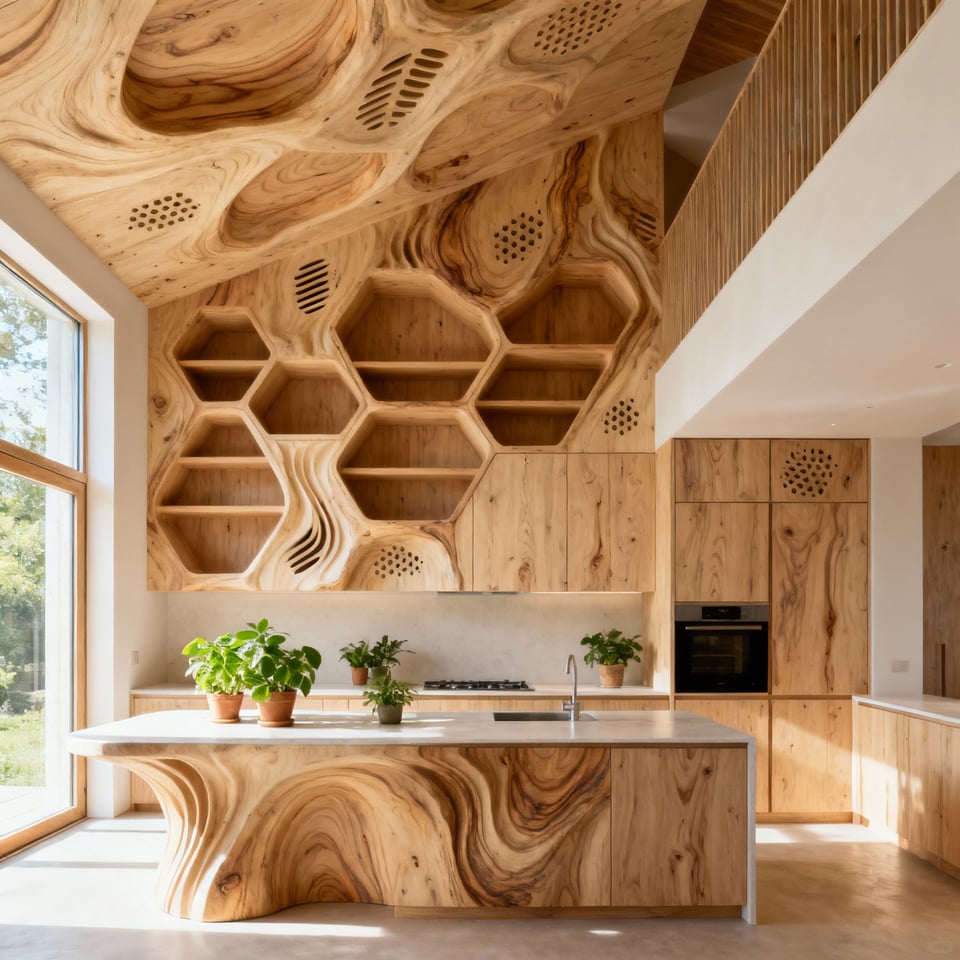 Organic kitchen cabinetry designed using biomimicry principles, featuring light wood, natural forms, and soft lighting.