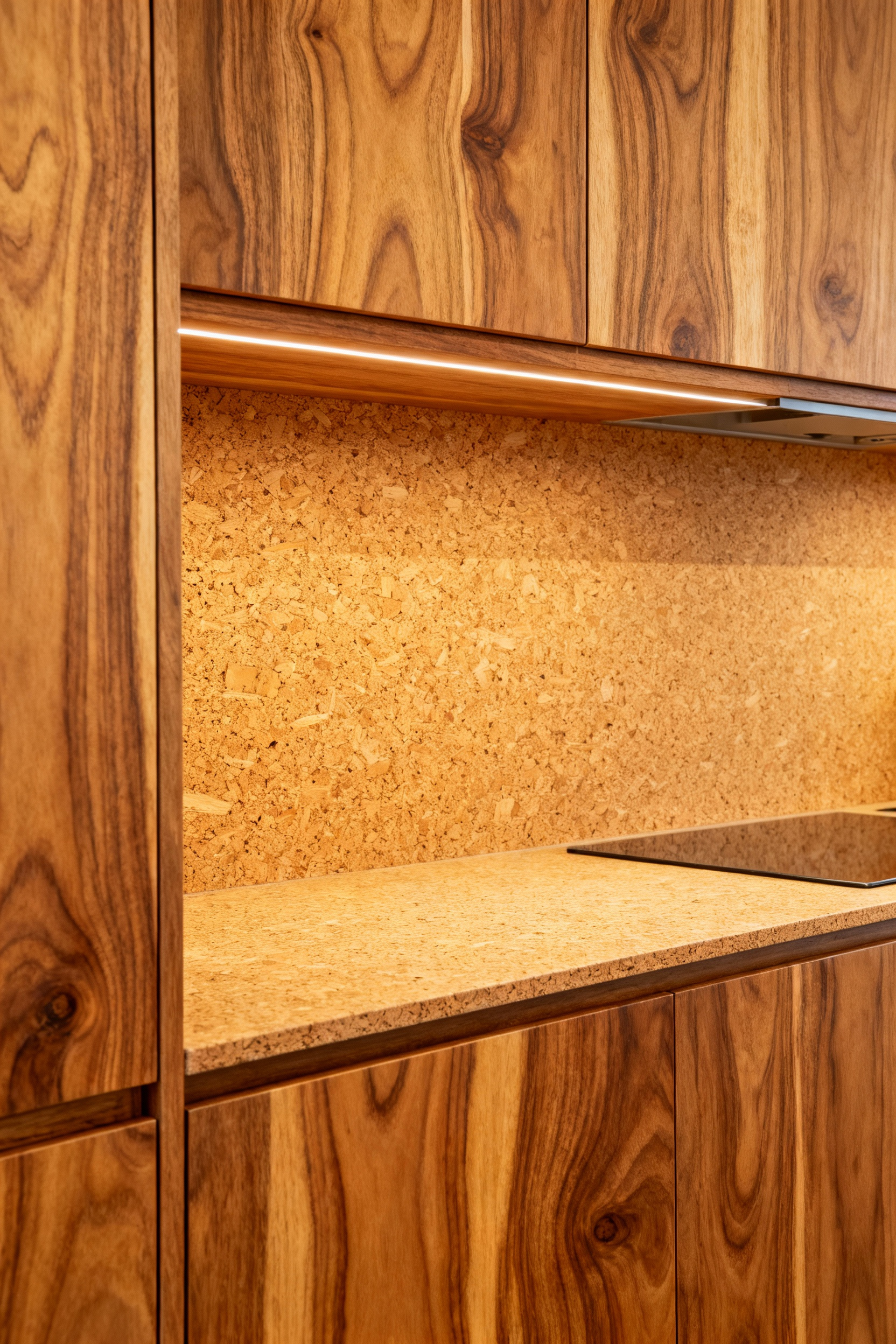 Close-up of textured organic kitchen cabinet materials, showcasing rich wood grain and natural cork, emphasizing tactile and olfactory experience in sustainable design.