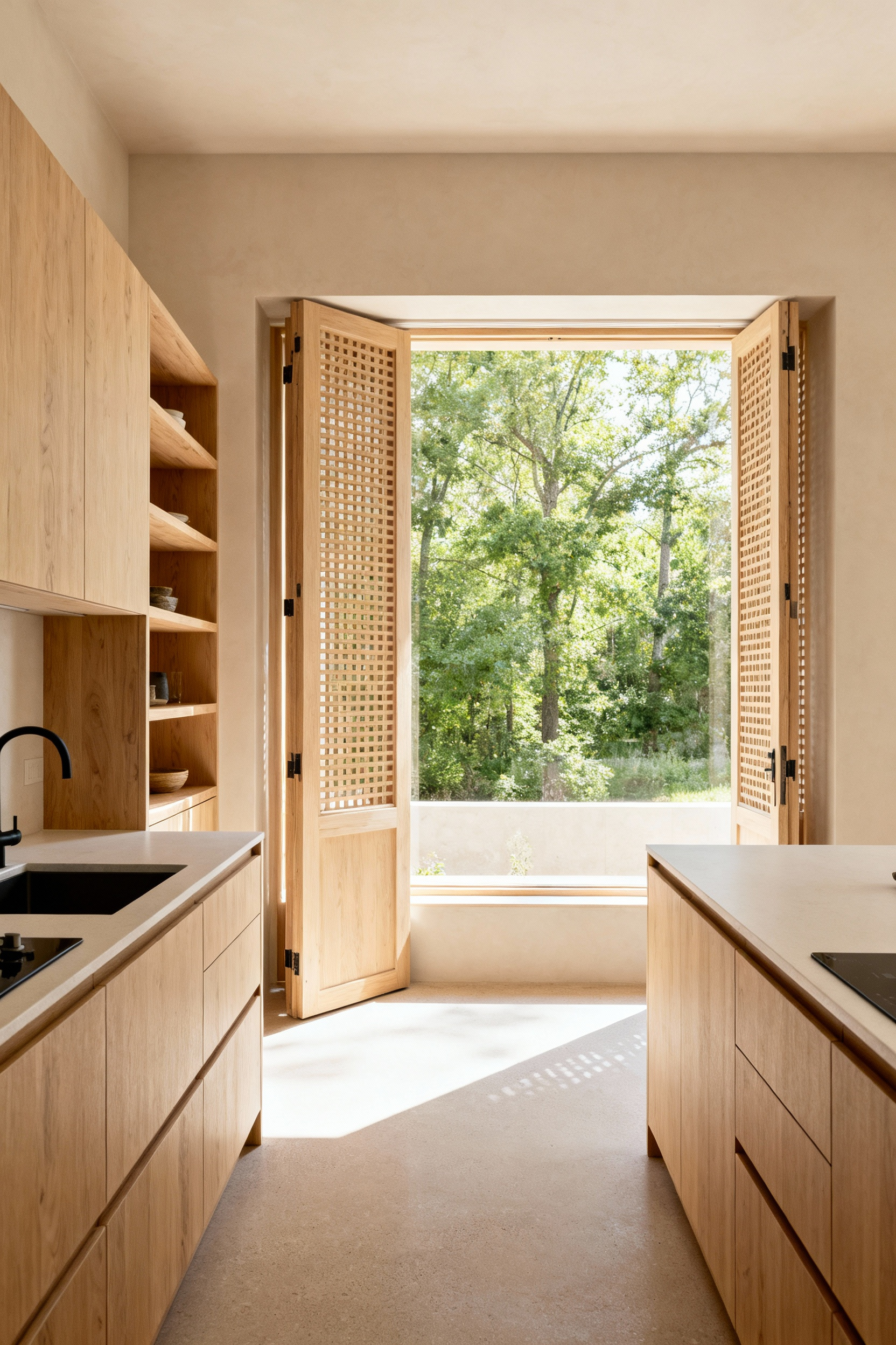 A beautifully integrated organic kitchen with sustainable wood cabinetry, designed for natural ventilation and daylighting.