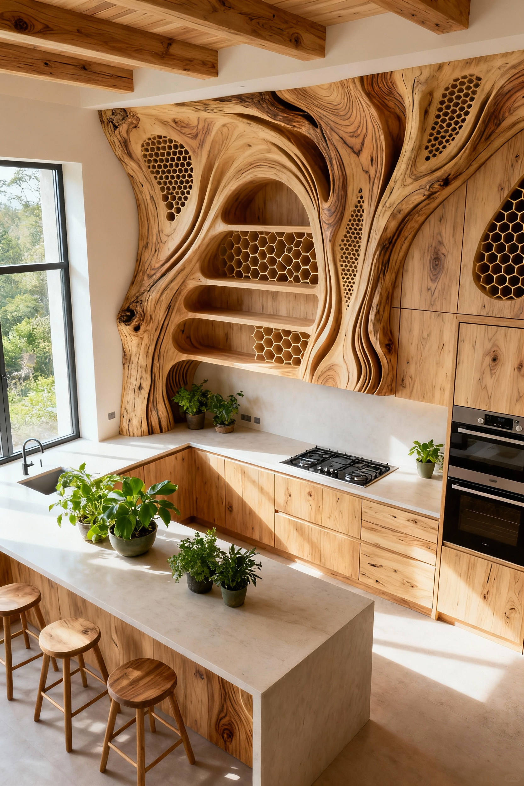 Organic kitchen cabinetry designed using biomimicry principles, featuring light wood, natural forms, and soft lighting.